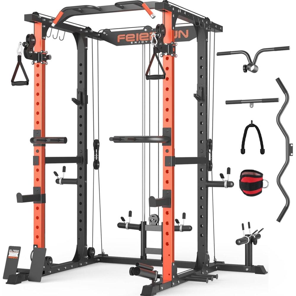 FEIERDUN Multi-Function Squat Rack Power Cage FLA01,2000LBS Capacity Power Rack with Adjustable Cable Crossover System and Additional Attachments, Ideal Weight Cage for Home Gym & Garage Workouts