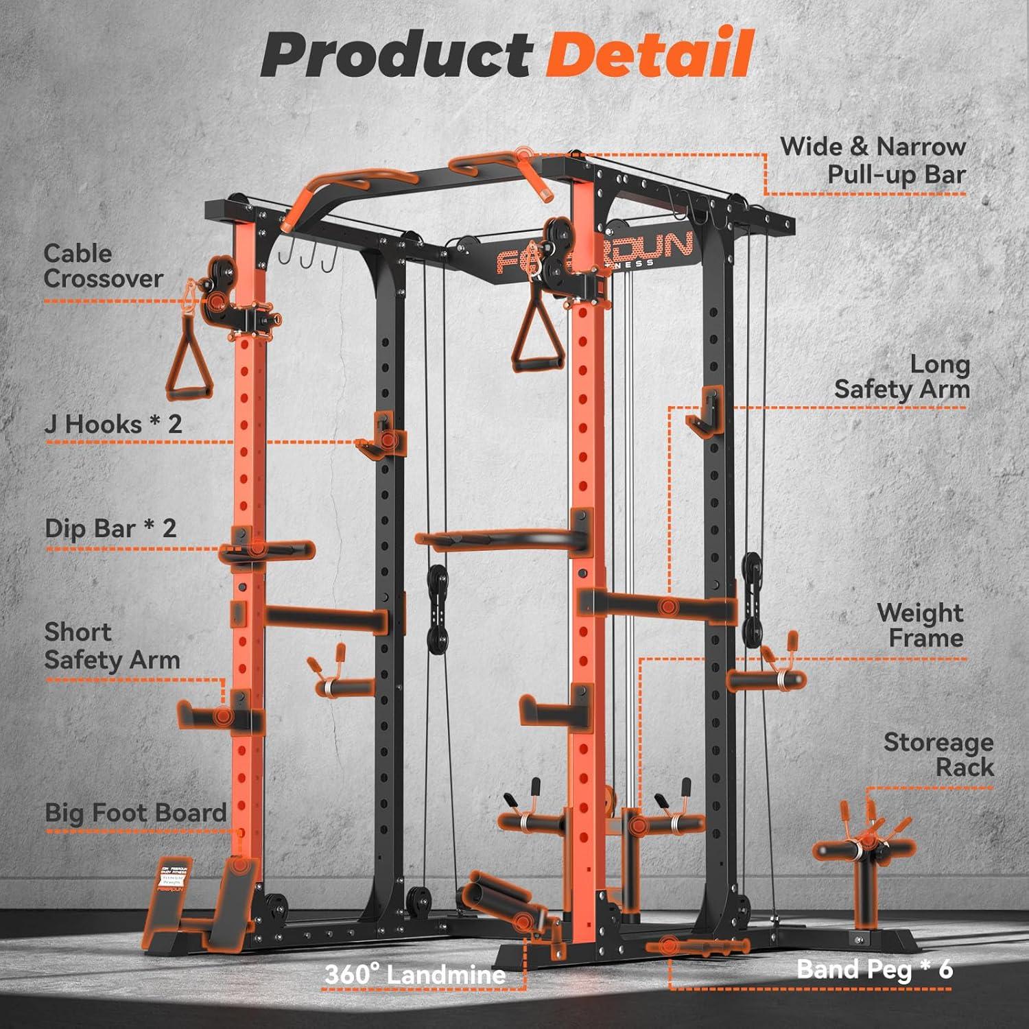 FEIERDUN Multi-Function Squat Rack Power Cage FLA01,2000LBS Capacity Power Rack with Adjustable Cable Crossover System and Additional Attachments, Ideal Weight Cage for Home Gym & Garage Workouts
