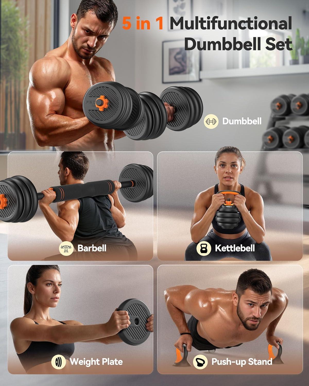 FEIERDUN DS2 Adjustable Dumbbells, 20/30/40/45/70/90lbs Free Weight Set with Connector, 5 in1 Dumbbells Set Used as Barbell, Kettlebells, Push up Stand, Weight Plate, Fitness Exercises for Home Gym Suitable Men/Women(E.70LB(35LB Pair))