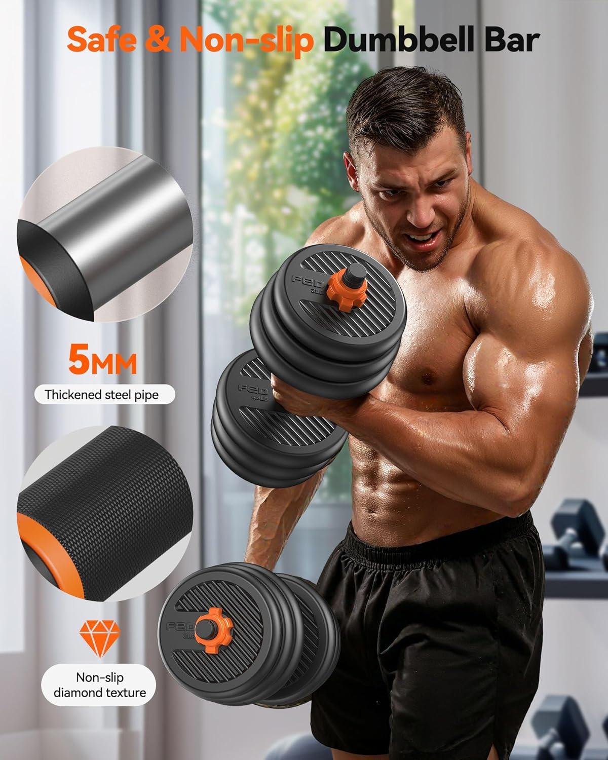 FEIERDUN DS2 Adjustable Dumbbells, 20/30/40/45/70/90lbs Free Weight Set with Connector, 5 in1 Dumbbells Set Used as Barbell, Kettlebells, Push up Stand, Weight Plate, Fitness Exercises for Home Gym Suitable Men/Women(E.70LB(35LB Pair))