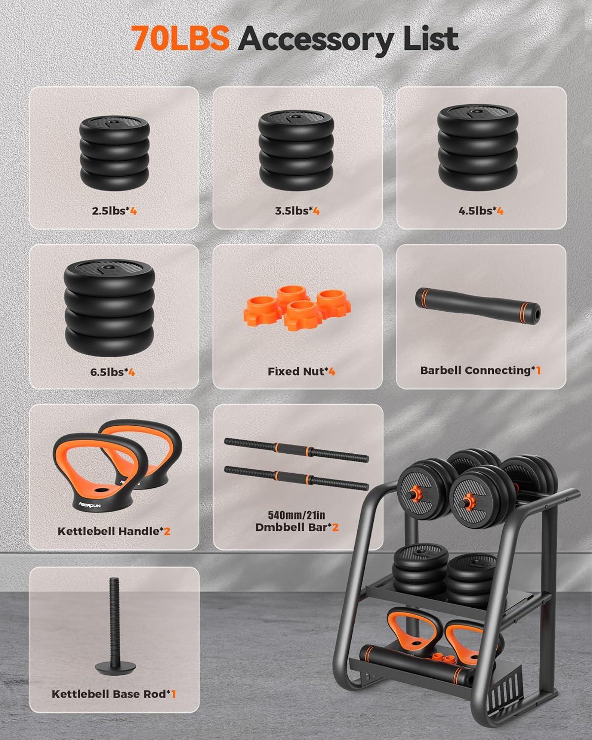 FEIERDUN DS2 Adjustable Dumbbells, 20/30/40/45/70/90lbs Free Weight Set with Connector, 5 in1 Dumbbells Set Used as Barbell, Kettlebells, Push up Stand, Weight Plate, Fitness Exercises for Home Gym Suitable Men/Women(E.70LB(35LB Pair))