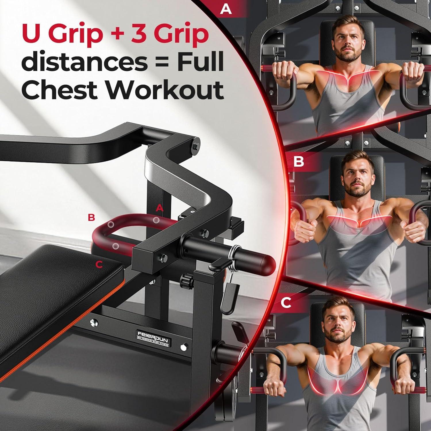 FEIERDUN 3-Grip U-Handles Chest Press Machine, 1250LBS Bench Press Machine with Independent Converging Arms, 11+3 Adjustable Positions, Flat Incline Bench for Chest, Arms, Abs & Shoulder Home Gym(Black-orange)