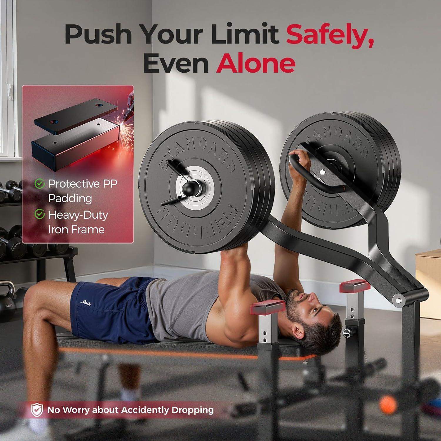 FEIERDUN 3-Grip U-Handles Chest Press Machine, 1250LBS Bench Press Machine with Independent Converging Arms, 11+3 Adjustable Positions, Flat Incline Bench for Chest, Arms, Abs & Shoulder Home Gym(Black-orange)