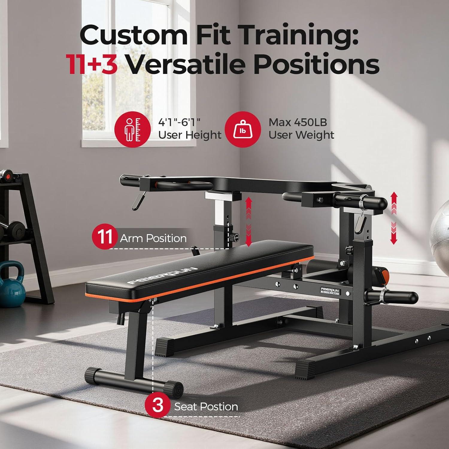 FEIERDUN 3-Grip U-Handles Chest Press Machine, 1250LBS Bench Press Machine with Independent Converging Arms, 11+3 Adjustable Positions, Flat Incline Bench for Chest, Arms, Abs & Shoulder Home Gym(Black-orange)