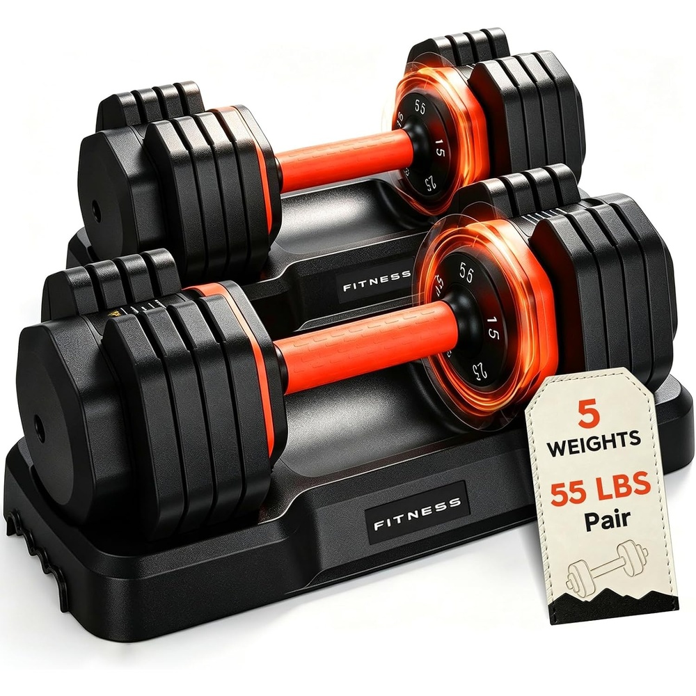 FEIERDUN Adjustable Dumbbell Set, Weight Set for Home Gym, 5/10-in-1 Free Weight Adjustable Dumbbells, Single Hand Twist Adjust with Non-Slip Handles, 90% Space Saving Strength Training for both Men&Women(5 Weight Settings – 55 LB/Pair (110 LB Total))