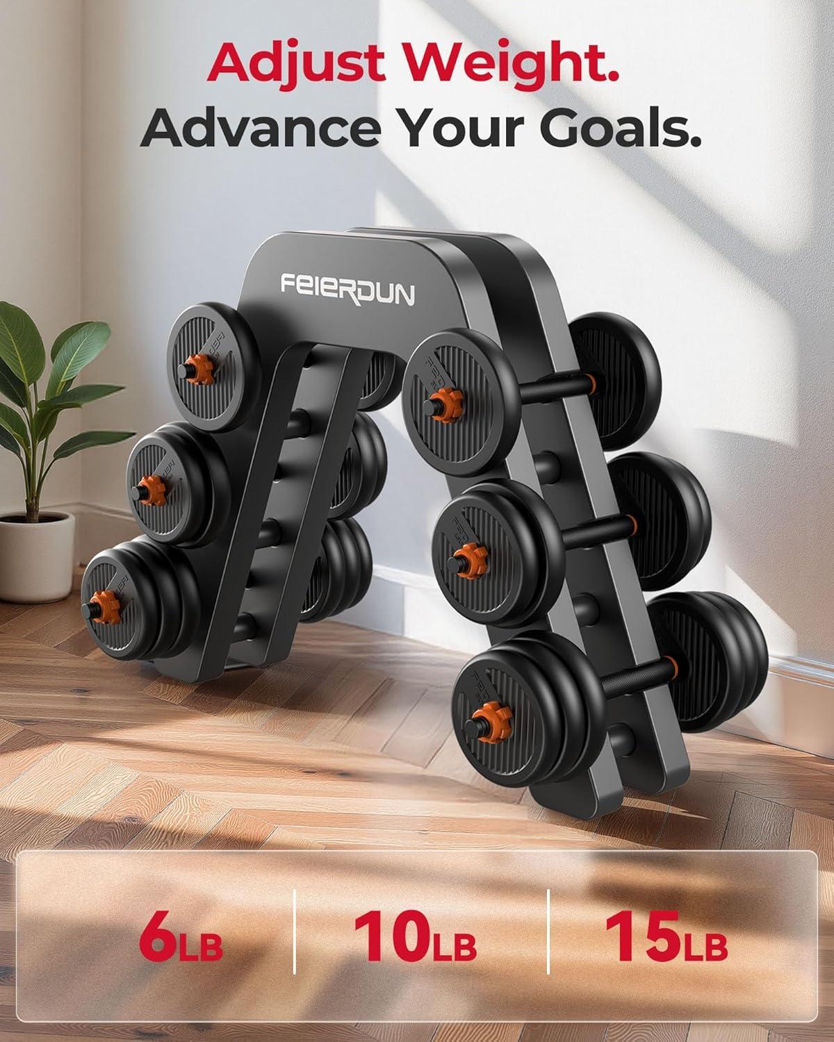 FEIERDUN DS2 Adjustable Dumbbells, 20/30/40/45/70/90lbs Free Weight Set with Connector, 5 in1 Dumbbells Set Used as Barbell, Kettlebells, Push up Stand, Weight Plate, Fitness Exercises for Home Gym Suitable Men/Women(B.30LB(15LB Pair))