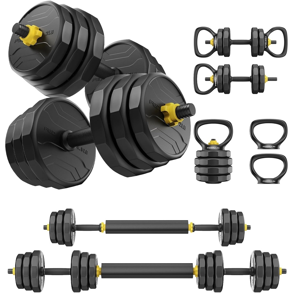 FEIERDUN Adjustable Dumbbells Set, 48/68/88lbs Free Weight Set with 4 Modes, Used as Barbell, Kettlebells, Push up Stand, Fitness Exercises for Home Gym Suitable Men/Women(B:48LB(24LB Pair))