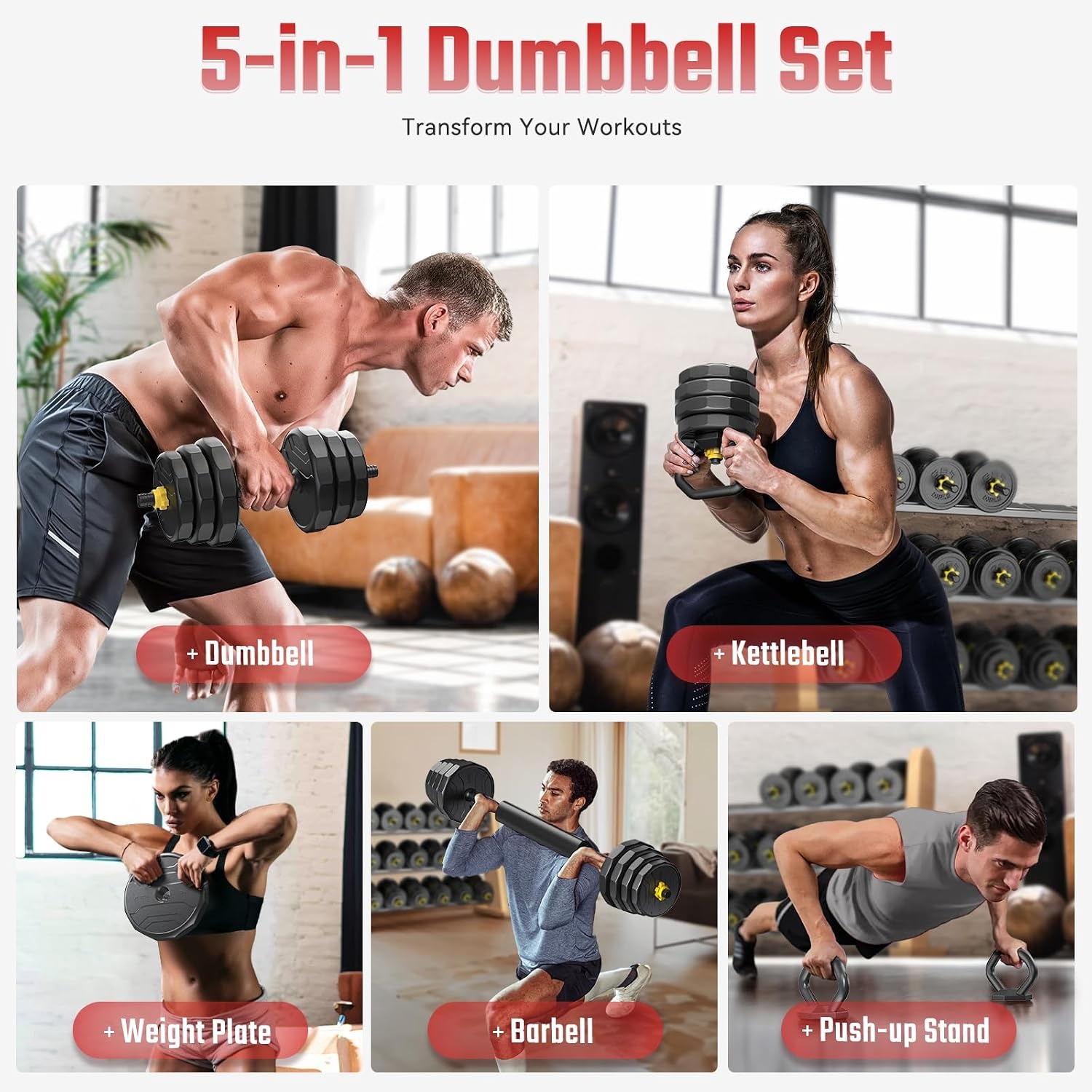 FEIERDUN Adjustable Dumbbells Set, 48/68/88lbs Free Weight Set with 4 Modes, Used as Barbell, Kettlebells, Push up Stand, Fitness Exercises for Home Gym Suitable Men/Women(B:48LB(24LB Pair))