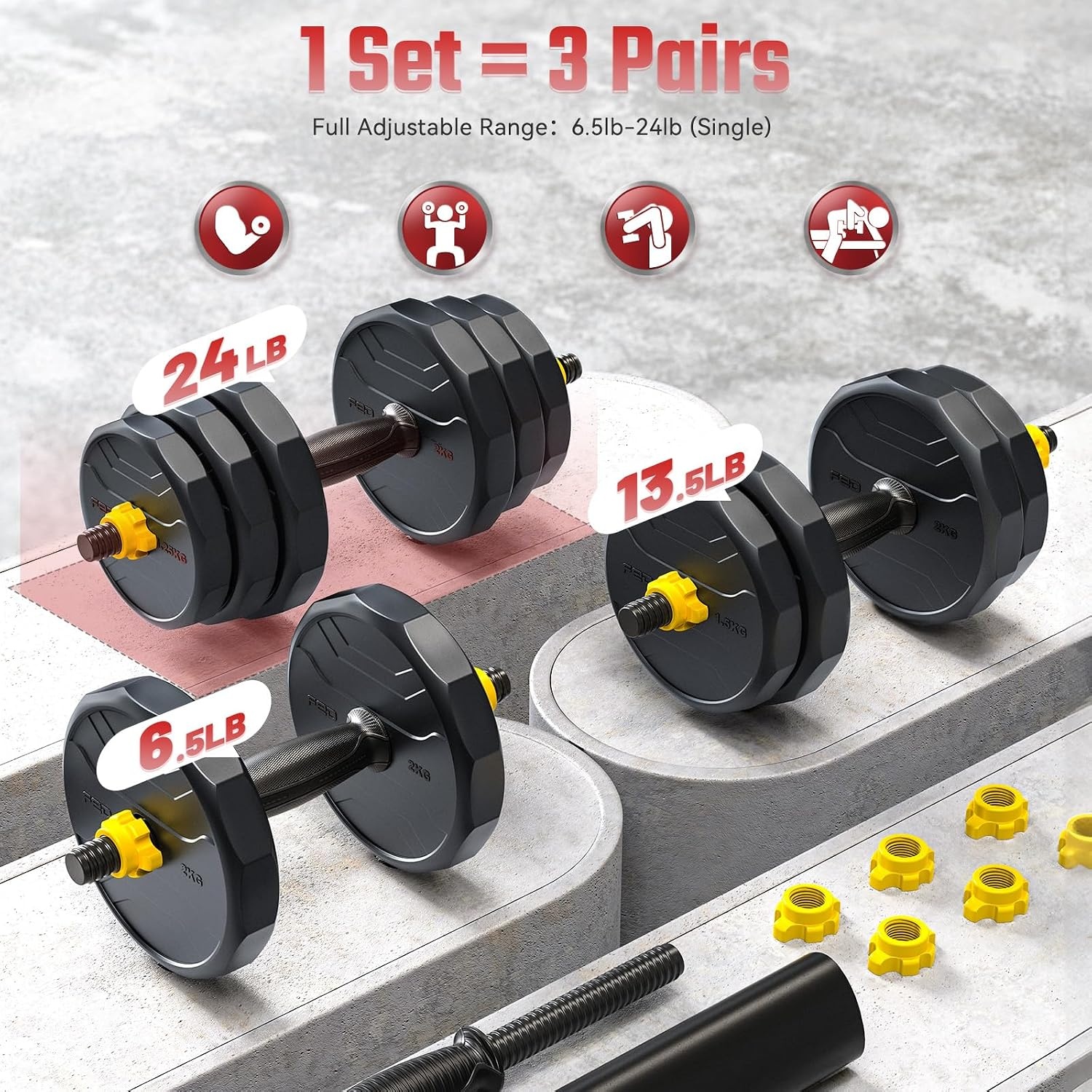 FEIERDUN Adjustable Dumbbells Set, 48/68/88lbs Free Weight Set with 4 Modes, Used as Barbell, Kettlebells, Push up Stand, Fitness Exercises for Home Gym Suitable Men/Women(B:48LB(24LB Pair))