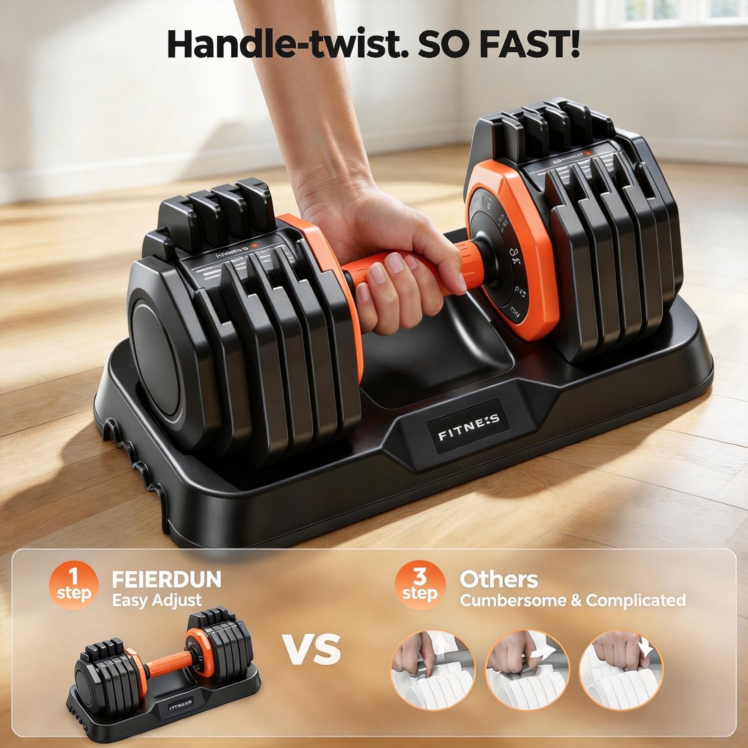 FEIERDUN DB1 QuickDial Adjustable Dumbbell Set, Adjustable Free Weights with Storage Box, 110lb/105lb/50lbs Quick Change for Drop Set, Non-Slip Handles, Weight Set For Home Gym Suit both Men and Women(Popula – 50LB Total(25lb Pair))