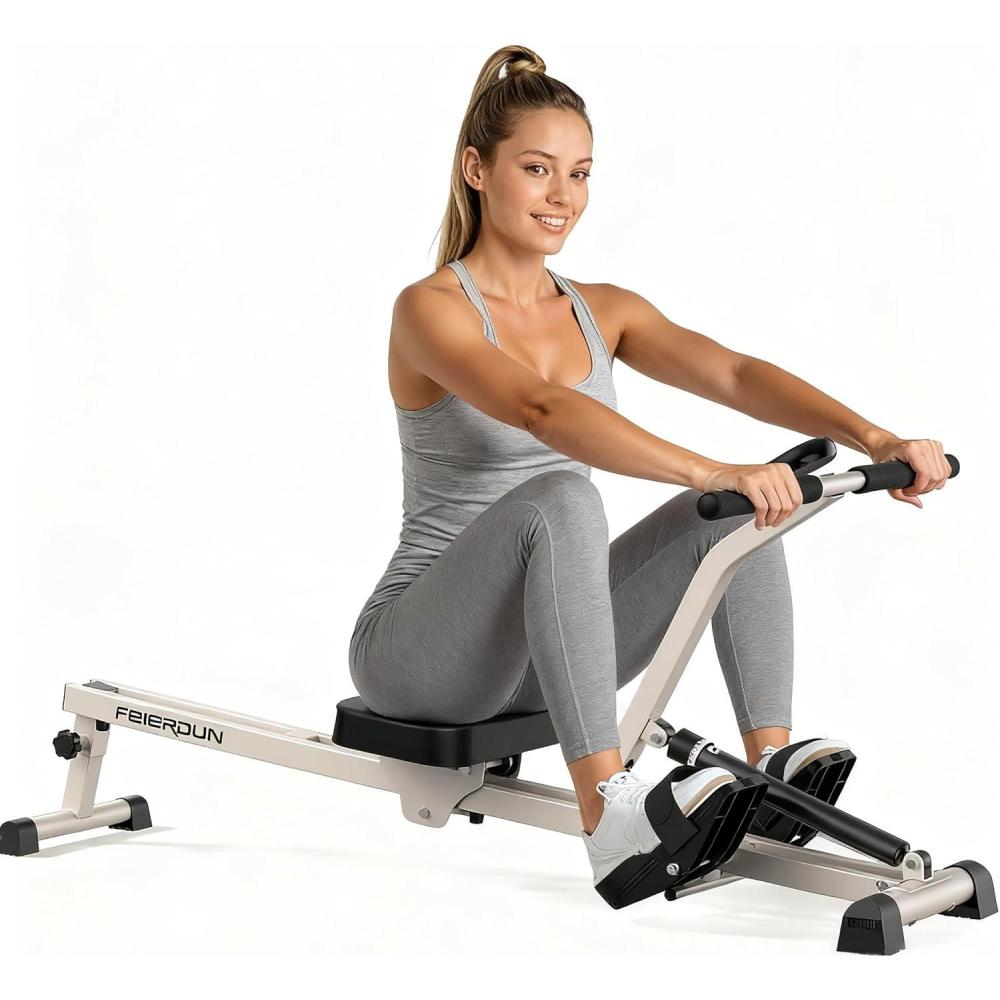 FEIERDUN Hydraulic Rowing Machine for Home, Compact Adjustable Rower with 12 Resistance Levels, 300LBS Weight Capacity, Full Body Workout Equipment(A-White)