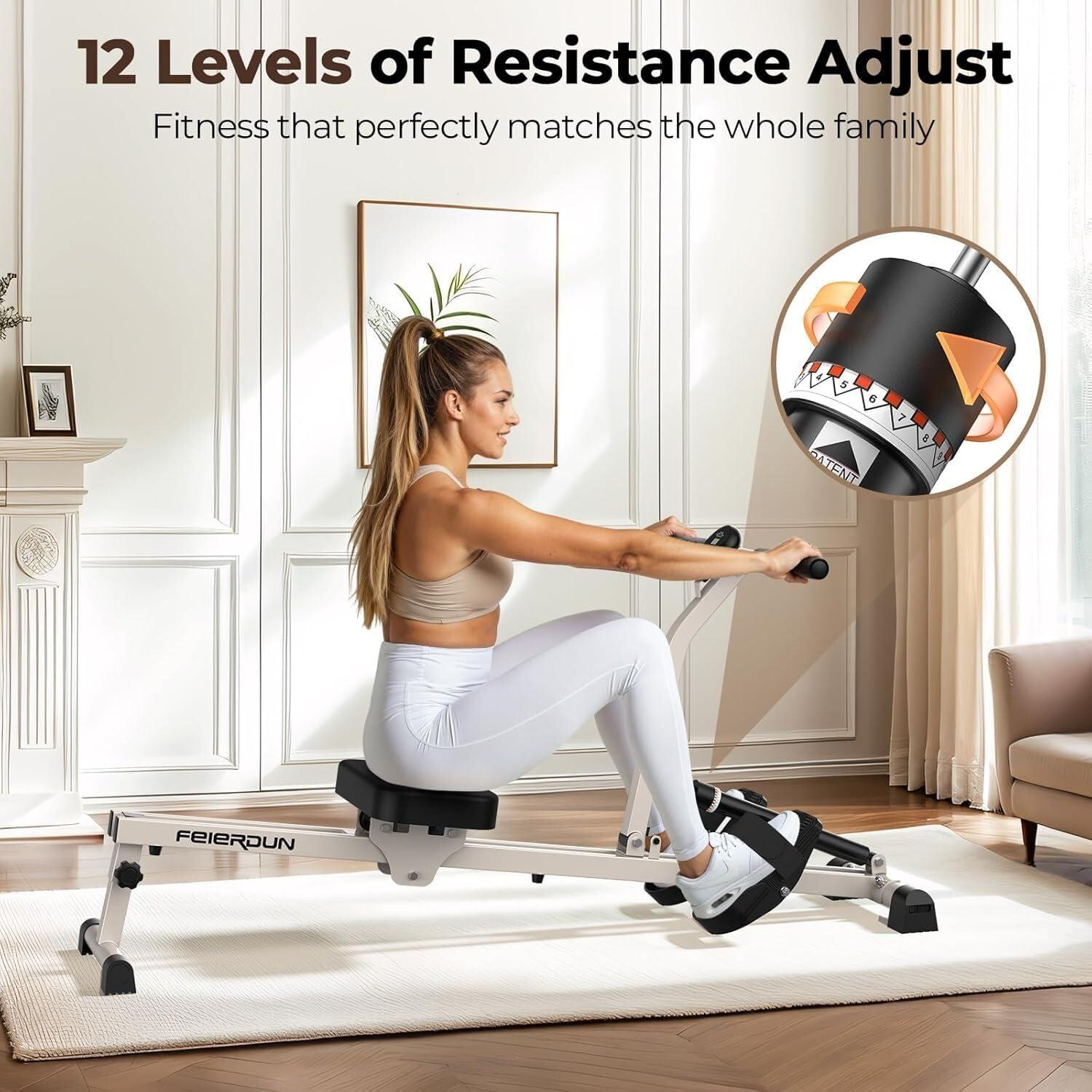 FEIERDUN Hydraulic Rowing Machine for Home, Compact Adjustable Rower with 12 Resistance Levels, 300LBS Weight Capacity, Full Body Workout Equipment(A-White)