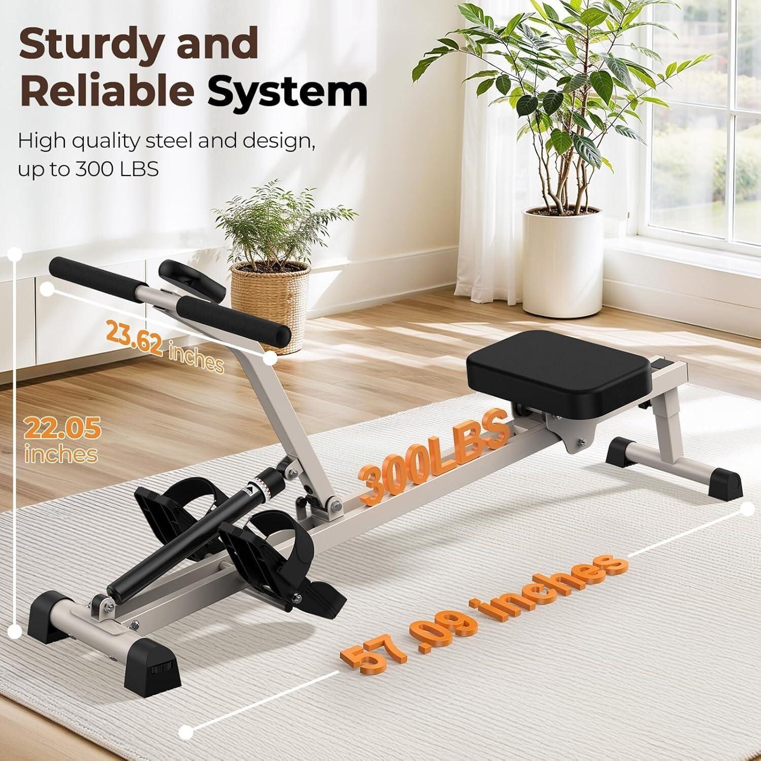 FEIERDUN Hydraulic Rowing Machine for Home, Compact Adjustable Rower with 12 Resistance Levels, 300LBS Weight Capacity, Full Body Workout Equipment(A-White)