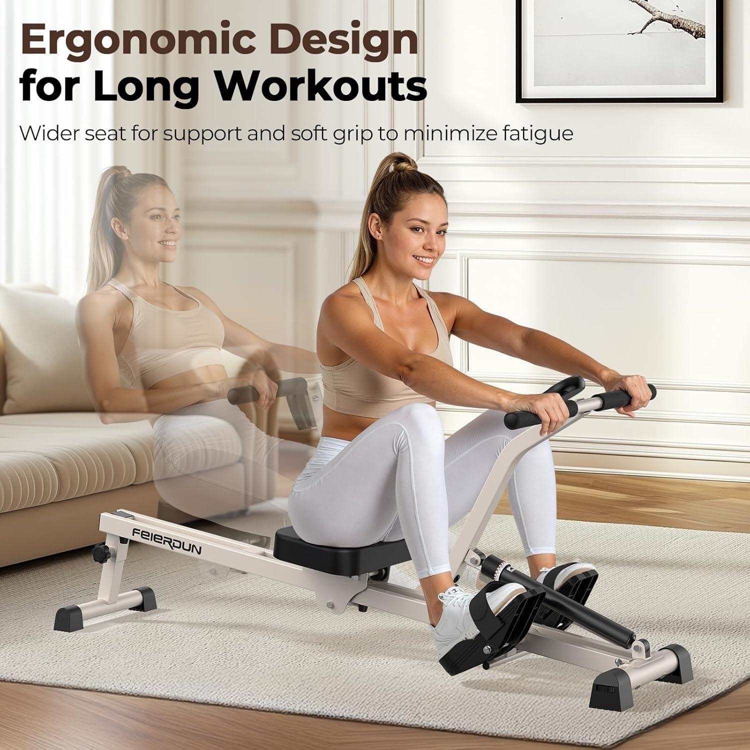 FEIERDUN Hydraulic Rowing Machine for Home, Compact Adjustable Rower with 12 Resistance Levels, 300LBS Weight Capacity, Full Body Workout Equipment(A-White)