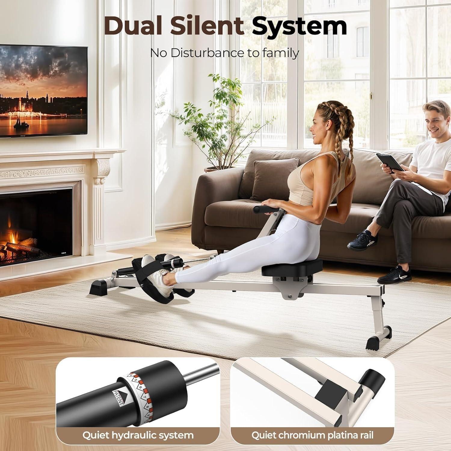 FEIERDUN Hydraulic Rowing Machine for Home, Compact Adjustable Rower with 12 Resistance Levels, 300LBS Weight Capacity, Full Body Workout Equipment(A-White)