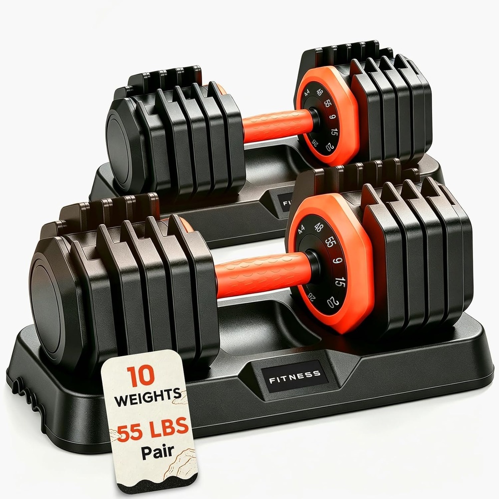 FEIERDUN Adjustable Dumbbell Set, Weight Set for Home Gym, 5/10-in-1 Free Weight Adjustable Dumbbells, Single Hand Twist Adjust with Non-Slip Handles, 90% Space Saving Strength Training for both Men&Women(10 Weight Settings – 55 LB/Pair (110 LB Total))