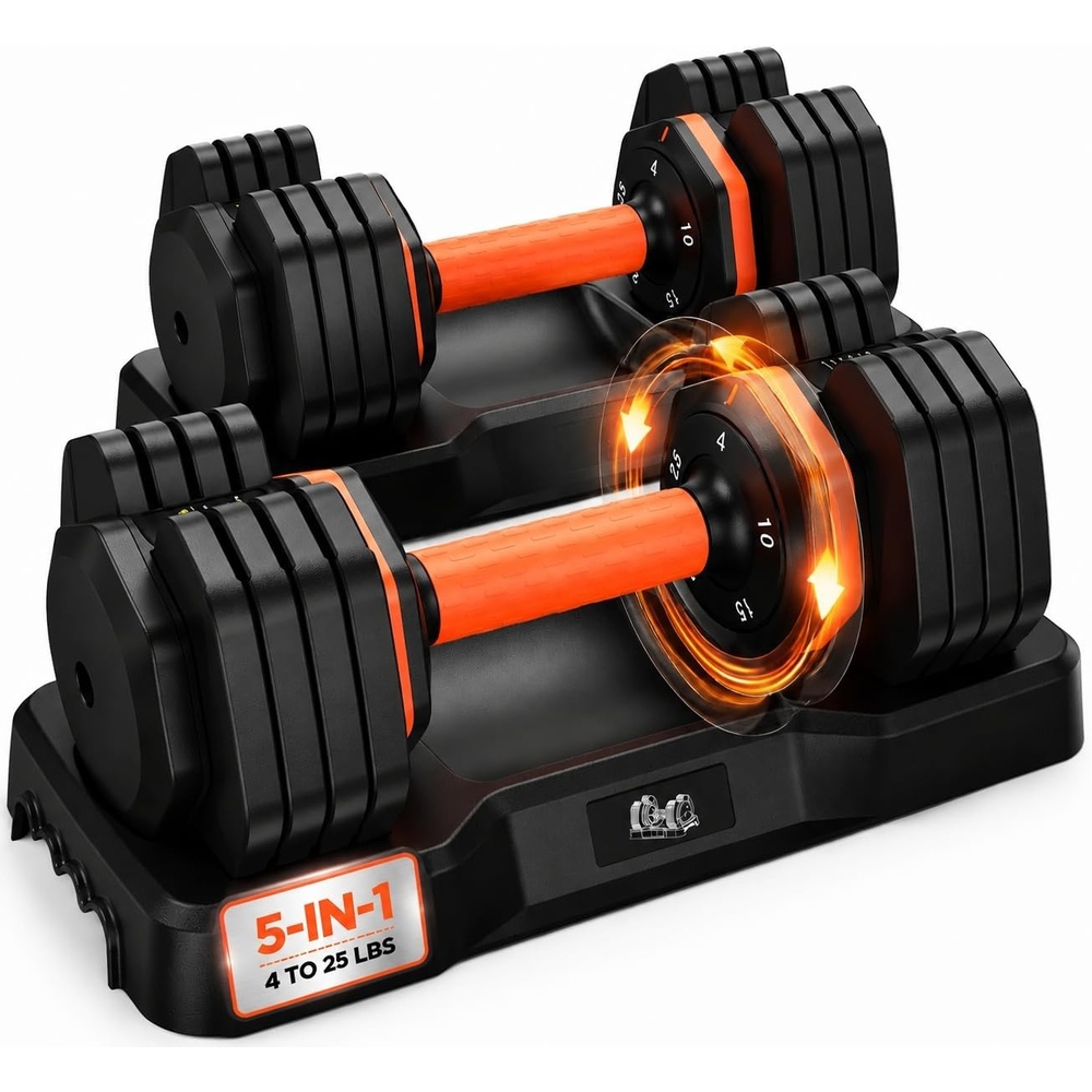 FEIERDUN DB1 QuickDial Adjustable Dumbbell Set, Adjustable Free Weights with Storage Box, 110lb/105lb/50lbs Quick Change for Drop Set, Non-Slip Handles, Weight Set For Home Gym Suit both Men and Women(5 Weights-50LB Total(25lb Pair))