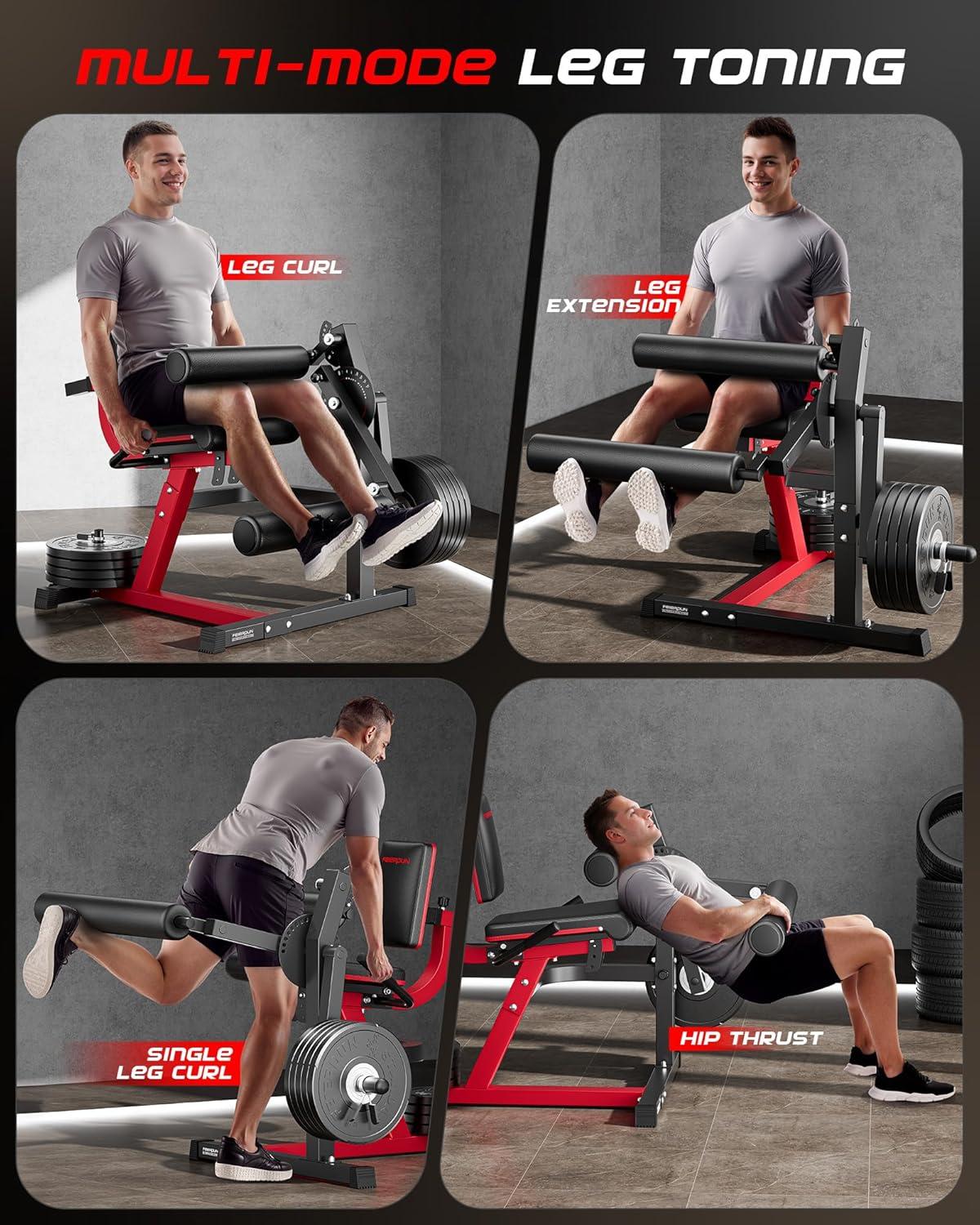 FEIERDUN 4-in-1 Adjustable Leg Extension Curl Machine – 700lbs Capacity Leg Extension Machine for Lower Body Workouts – Adjustable Leg Curl Machine, Home Gym Equipment(red with 160lbs Weight Plate)