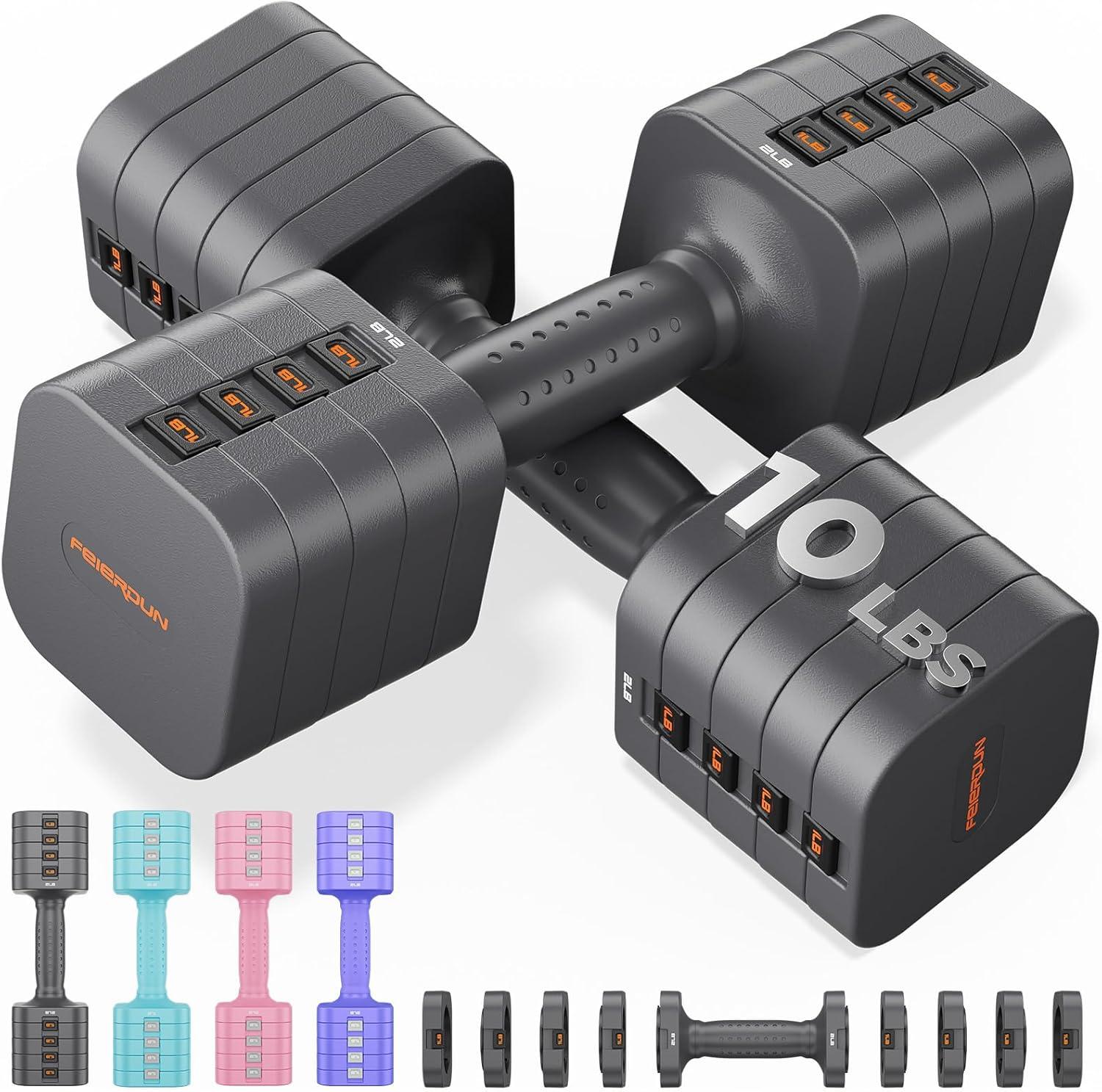 FEIERDUN 5-in-1 Adjustable Dumbbell Set of 2, 12LBS/20LBS Hand Weights for Women, 1s-Adjust Dual-Stable Dumbbell Set for Women Home Gym & Outdoor(A-Strength Grey)