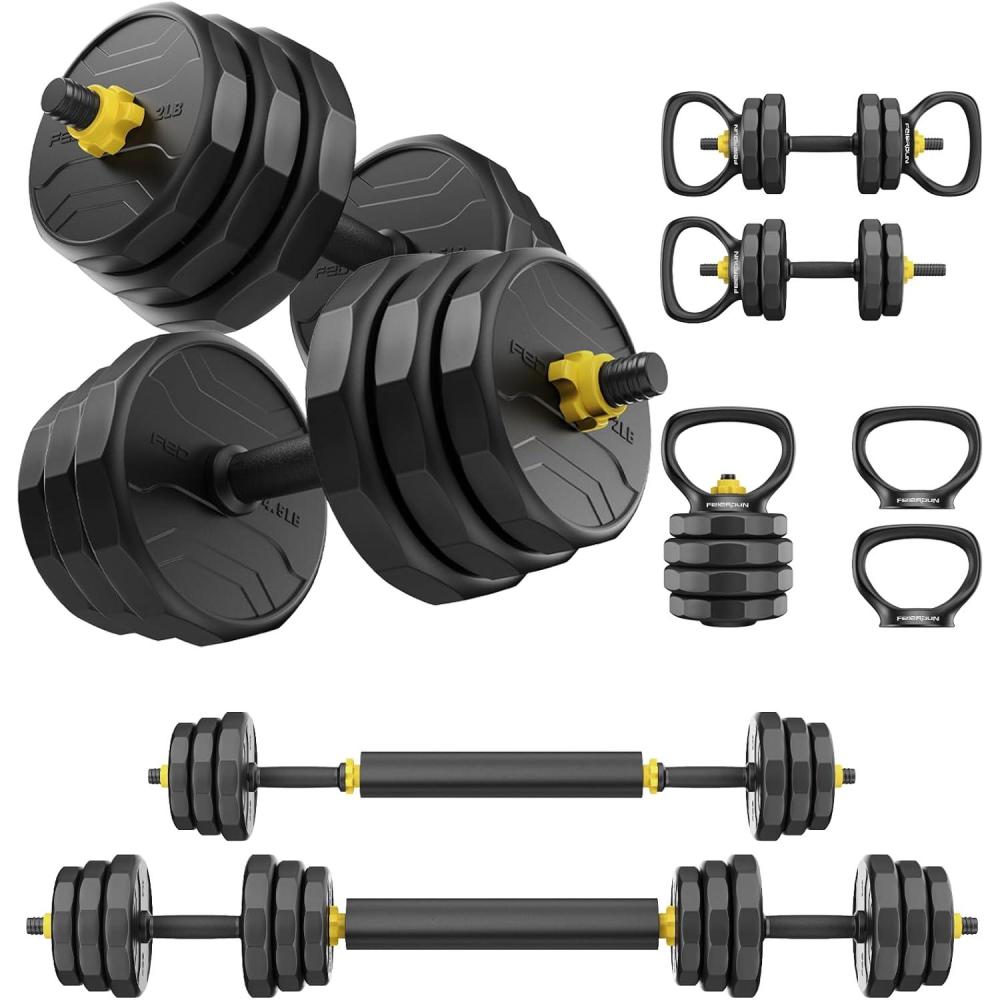 FEIERDUN Adjustable Dumbbells Set, 48/68/88lbs Free Weight Set with 4 Modes, Used as Barbell, Kettlebells, Push up Stand, Fitness Exercises for Home Gym Suitable Men/Women(A:48LB(24LB Pair))