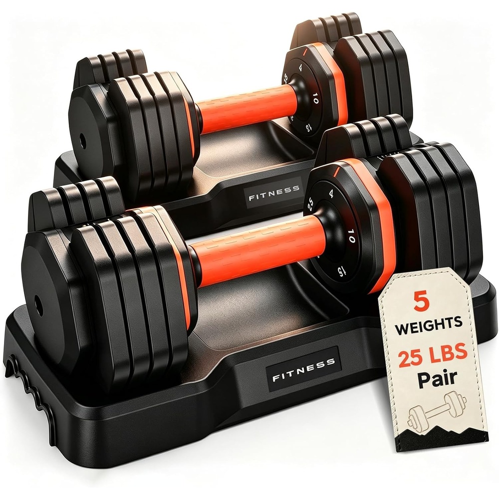 FEIERDUN Adjustable Dumbbell Set, Weight Set for Home Gym, 5/10-in-1 Free Weight Adjustable Dumbbells, Single Hand Twist Adjust with Non-Slip Handles, 90% Space Saving Strength Training for both Men&Women(5 Weight Settings – 25 LB/Pair (50 LB Total))