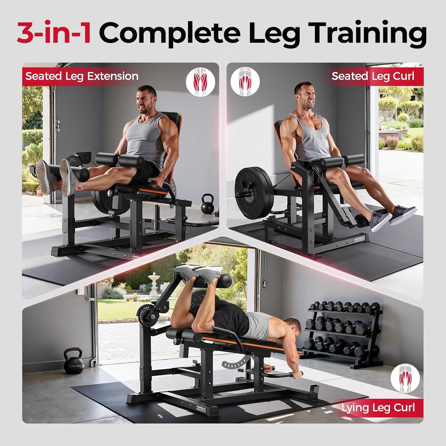 FEIERDUN Leg Extension and Curl Machine, Adjustable Leg Curl Machine, Lying Curl and Seated Leg Extension Machine, Leg Workout Equipment with Cable System, Home Gym Leg Machine