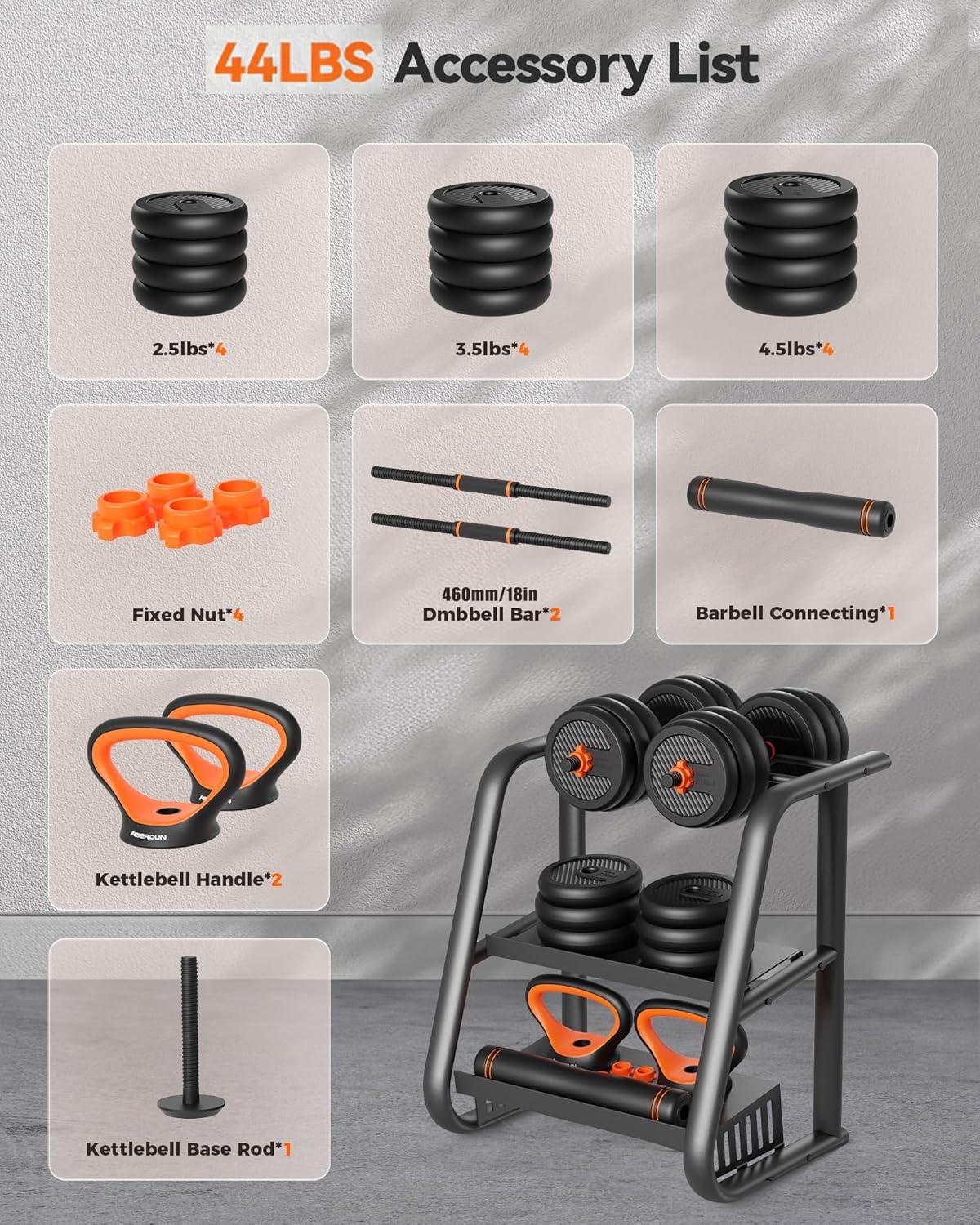 FEIERDUN DS2 Adjustable Dumbbells, 20/30/40/45/70/90lbs Free Weight Set with Connector, 5 in1 Dumbbells Set Used as Barbell, Kettlebells, Push up Stand, Weight Plate, Fitness Exercises for Home Gym Suitable Men/Women(D.44LB(22LB Pair))