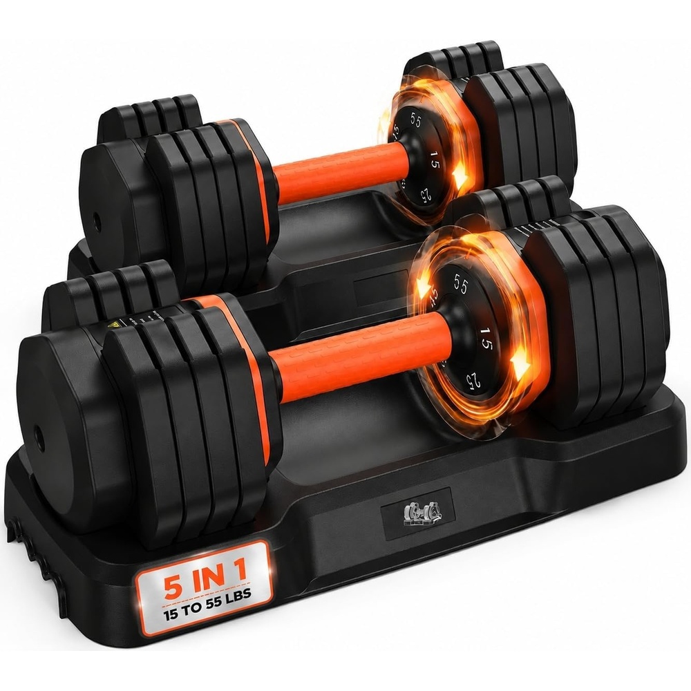 FEIERDUN DB1 QuickDial Adjustable Dumbbell Set, Adjustable Free Weights with Storage Box, 110lb/105lb/50lbs Quick Change for Drop Set, Non-Slip Handles, Weight Set For Home Gym Suit both Men and Women(5 Weights-110LB Total(55lb Pair))