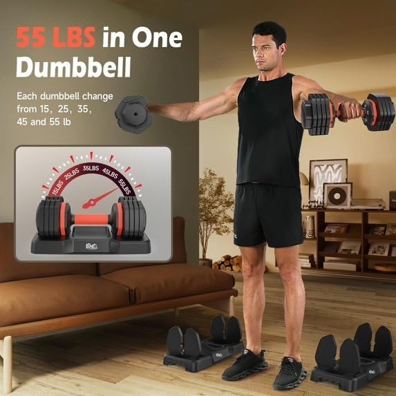 FEIERDUN DB1 QuickDial Adjustable Dumbbell Set, Adjustable Free Weights with Storage Box, 110lb/105lb/50lbs Quick Change for Drop Set, Non-Slip Handles, Weight Set For Home Gym Suit both Men and Women(5 Weights-110LB Total(55lb Pair))