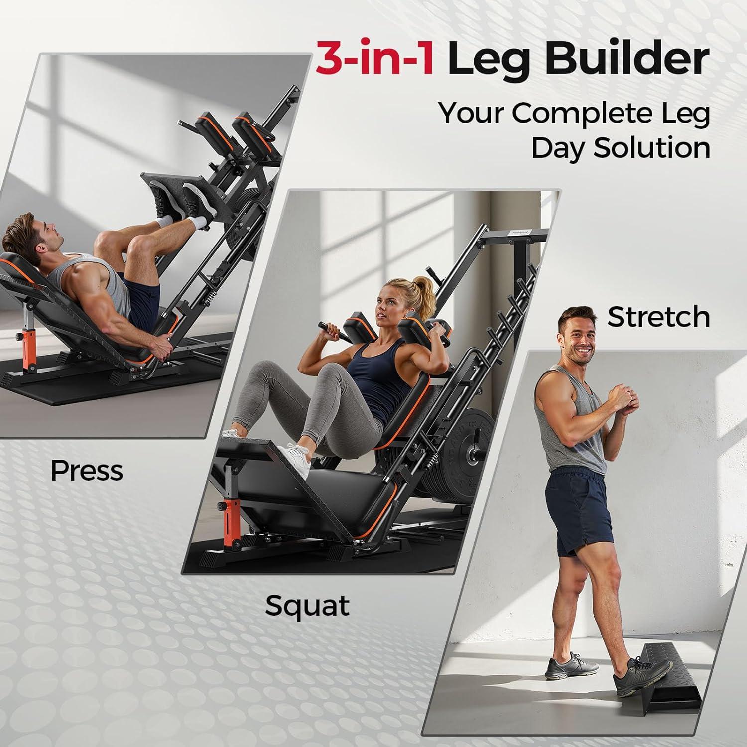 FEIERDUN 3‑in‑1 Leg Press Hack Squat Machine with Stretch Board – Adjustable Leg Press Machine for Home Gym with Full Range of Motion & Ultra-Quiet Pulley System(Black)