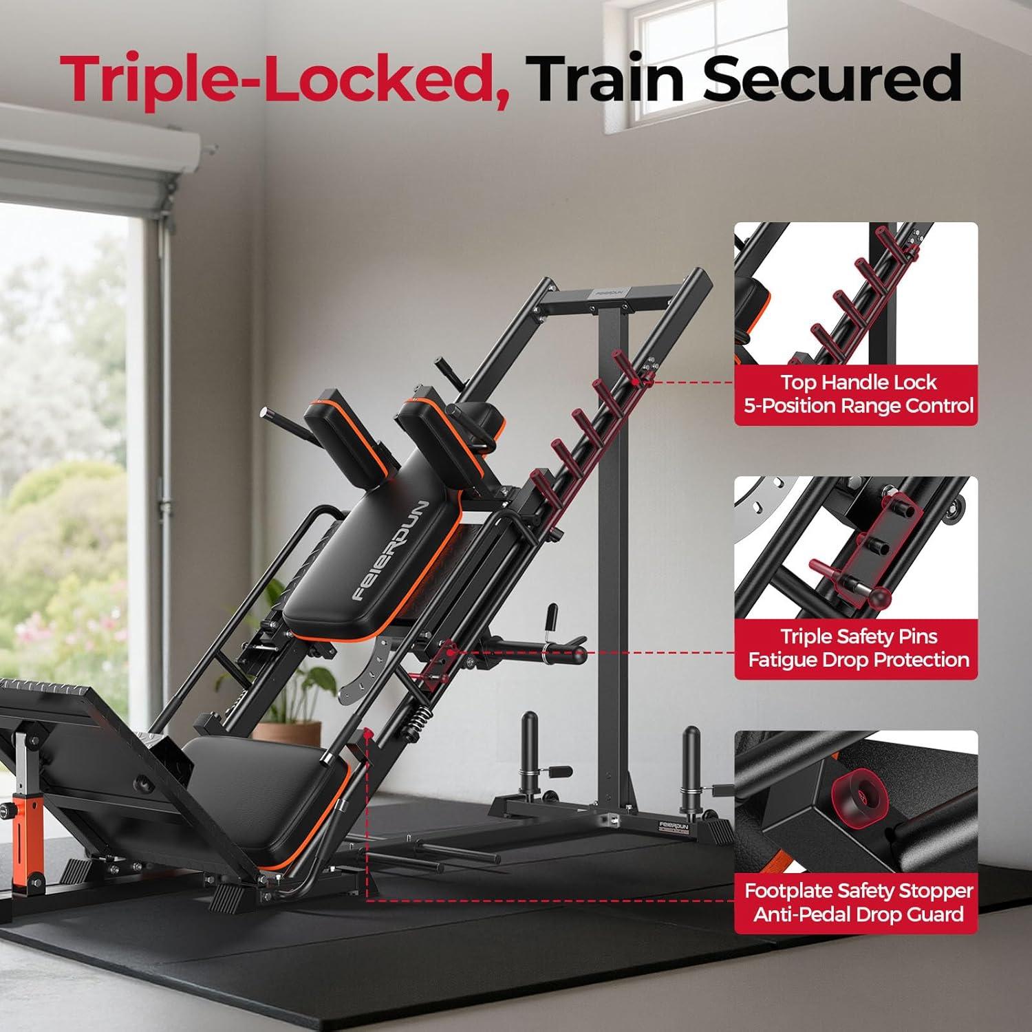 FEIERDUN 3‑in‑1 Leg Press Hack Squat Machine with Stretch Board – Adjustable Leg Press Machine for Home Gym with Full Range of Motion & Ultra-Quiet Pulley System(Black)