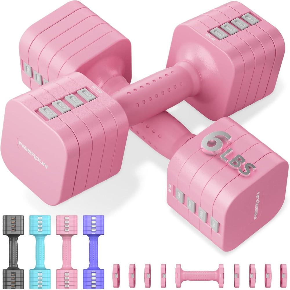 FEIERDUN 5-in-1 Adjustable Dumbbell Set of 2, 12LBS/20LBS Hand Weights for Women, Men, 1s-Adjust Dual-Stable Dumbbell Set for Women Home Gym & Outdoor(B-Cute Pink)