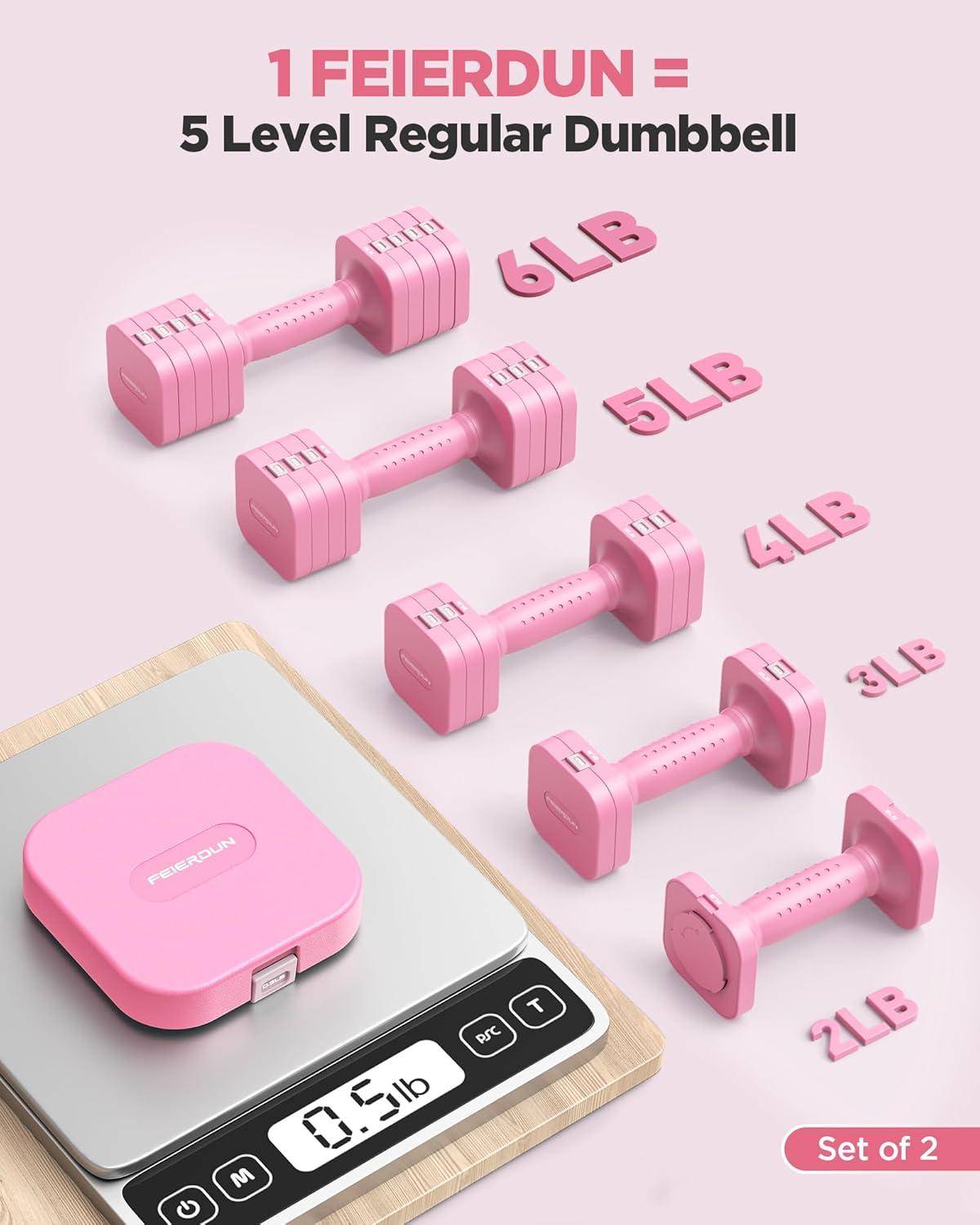 FEIERDUN 5-in-1 Adjustable Dumbbell Set of 2, 12LBS/20LBS Hand Weights for Women, Men, 1s-Adjust Dual-Stable Dumbbell Set for Women Home Gym & Outdoor(B-Cute Pink)