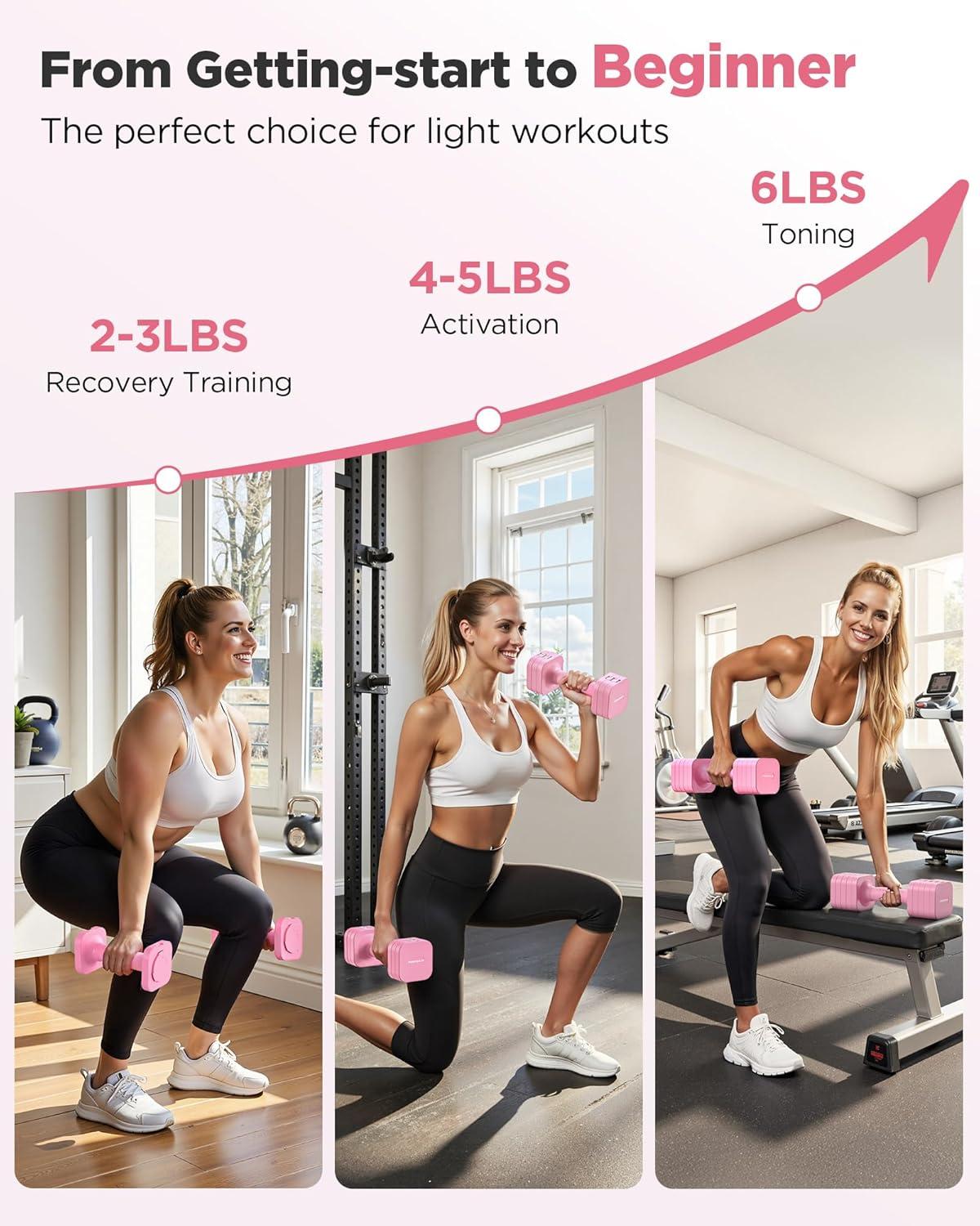 FEIERDUN 5-in-1 Adjustable Dumbbell Set of 2, 12LBS/20LBS Hand Weights for Women, Men, 1s-Adjust Dual-Stable Dumbbell Set for Women Home Gym & Outdoor(B-Cute Pink)