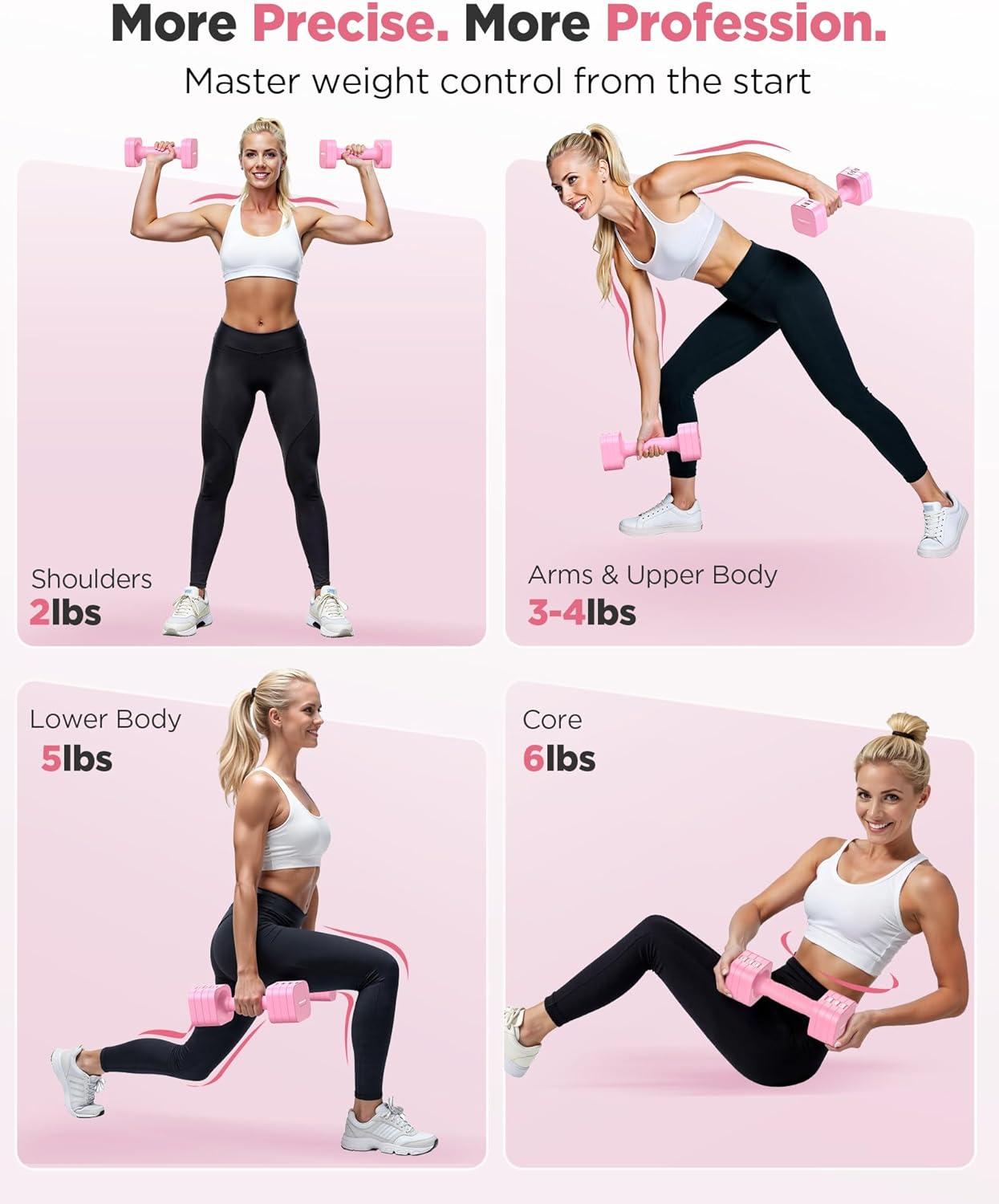FEIERDUN 5-in-1 Adjustable Dumbbell Set of 2, 12LBS/20LBS Hand Weights for Women, Men, 1s-Adjust Dual-Stable Dumbbell Set for Women Home Gym & Outdoor(B-Cute Pink)