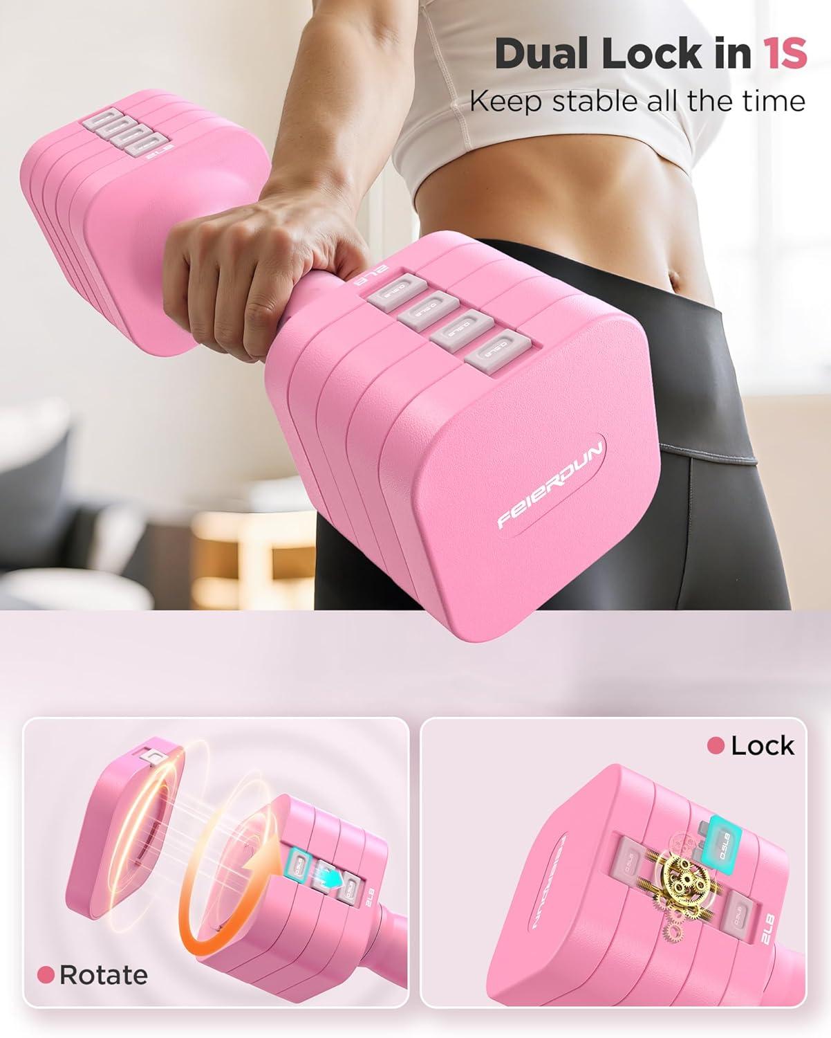 FEIERDUN 5-in-1 Adjustable Dumbbell Set of 2, 12LBS/20LBS Hand Weights for Women, Men, 1s-Adjust Dual-Stable Dumbbell Set for Women Home Gym & Outdoor(B-Cute Pink)