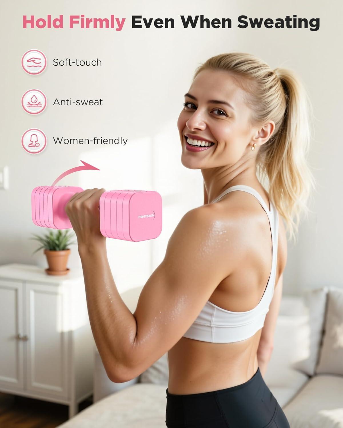 FEIERDUN 5-in-1 Adjustable Dumbbell Set of 2, 12LBS/20LBS Hand Weights for Women, Men, 1s-Adjust Dual-Stable Dumbbell Set for Women Home Gym & Outdoor(B-Cute Pink)