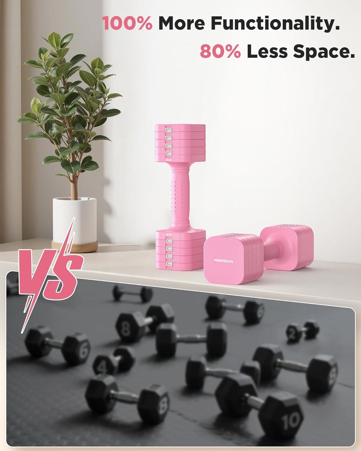 FEIERDUN 5-in-1 Adjustable Dumbbell Set of 2, 12LBS/20LBS Hand Weights for Women, Men, 1s-Adjust Dual-Stable Dumbbell Set for Women Home Gym & Outdoor(B-Cute Pink)