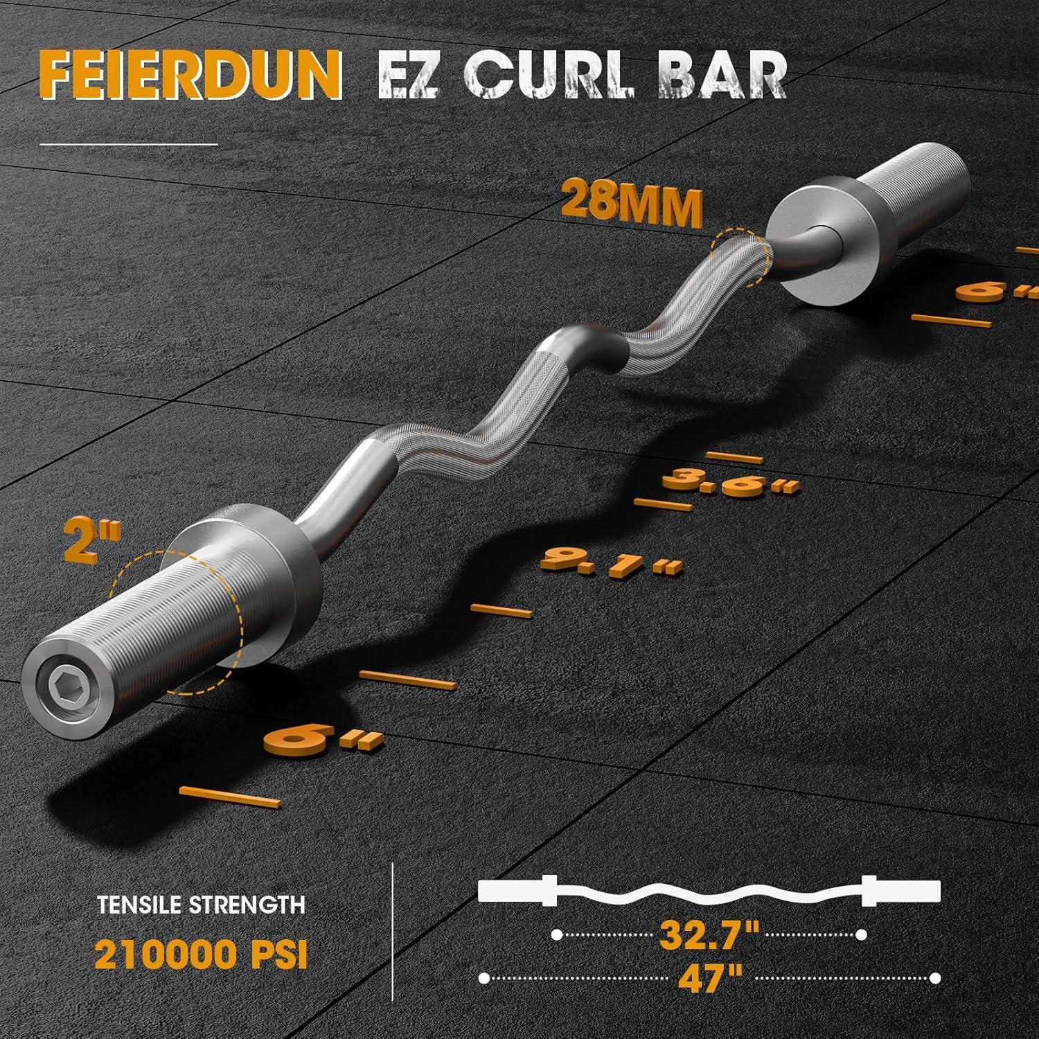 FEIERDUN Olympic Barbell 4ft/5ft/7ft Barbell EZ Curl Bar, Suitable for 2-Inch Weight Plates