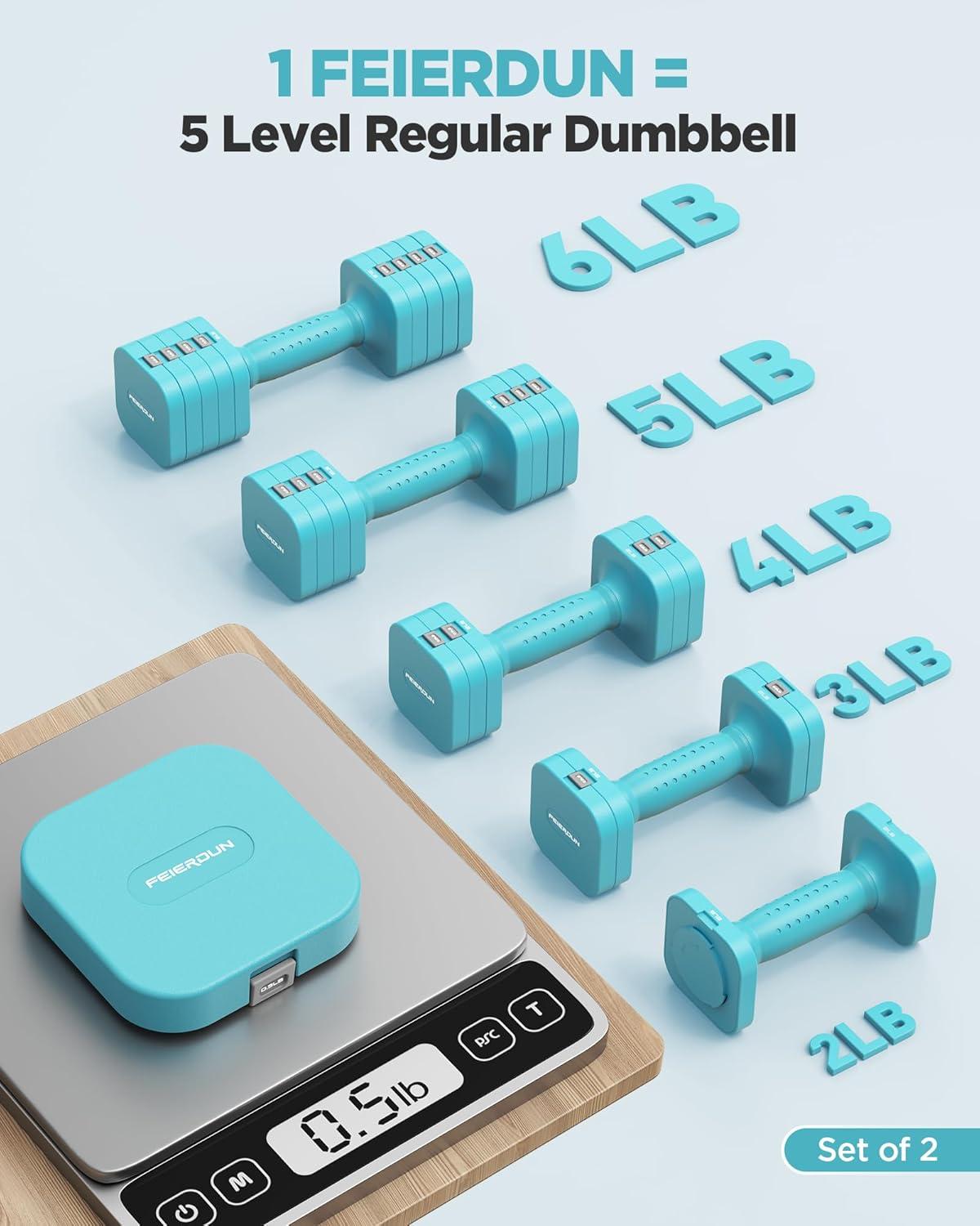 FEIERDUN 5-in-1 Adjustable Dumbbell Set of 2, 12LBS/20LBS Hand Weights for Women, Men, 1s-Adjust Dual-Stable Dumbbell Set for Women Home Gym & Outdoor(C-Mint Blue)