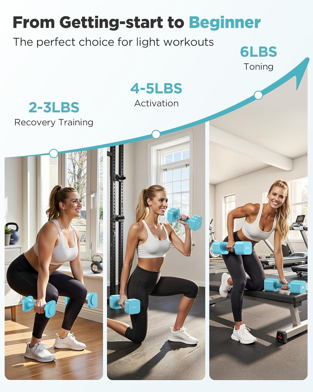 FEIERDUN 5-in-1 Adjustable Dumbbell Set of 2, 12LBS/20LBS Hand Weights for Women, Men, 1s-Adjust Dual-Stable Dumbbell Set for Women Home Gym & Outdoor(C-Mint Blue)
