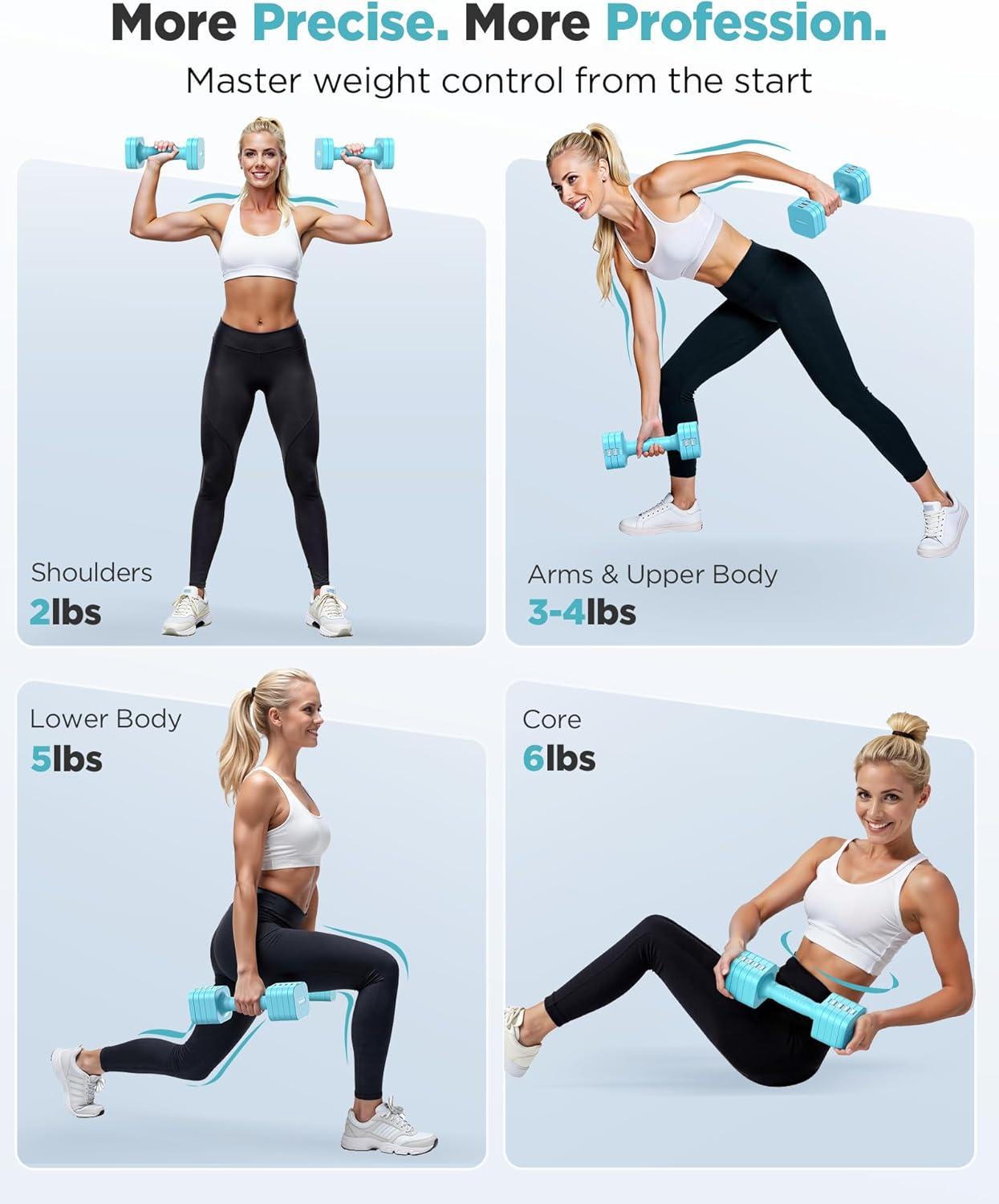 FEIERDUN 5-in-1 Adjustable Dumbbell Set of 2, 12LBS/20LBS Hand Weights for Women, Men, 1s-Adjust Dual-Stable Dumbbell Set for Women Home Gym & Outdoor(C-Mint Blue)
