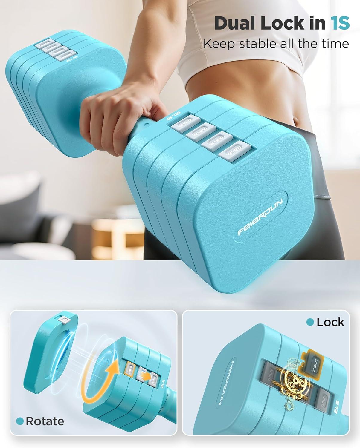 FEIERDUN 5-in-1 Adjustable Dumbbell Set of 2, 12LBS/20LBS Hand Weights for Women, Men, 1s-Adjust Dual-Stable Dumbbell Set for Women Home Gym & Outdoor(C-Mint Blue)