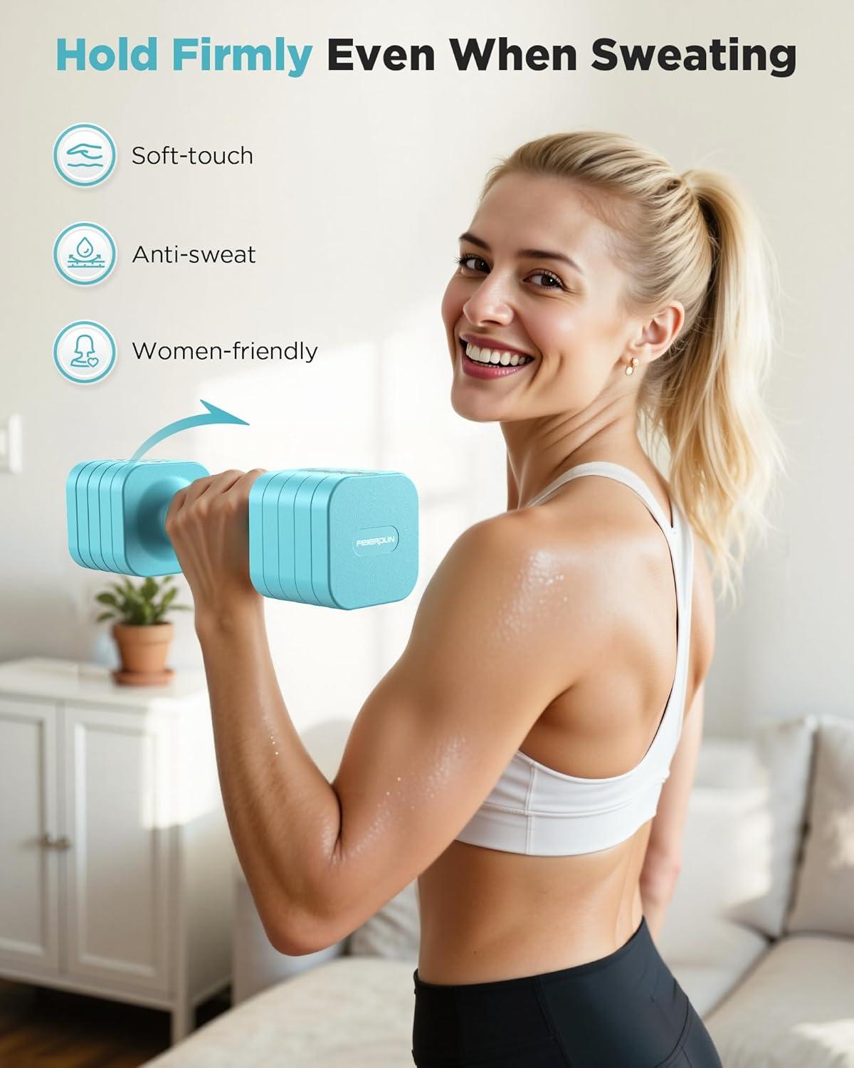 FEIERDUN 5-in-1 Adjustable Dumbbell Set of 2, 12LBS/20LBS Hand Weights for Women, Men, 1s-Adjust Dual-Stable Dumbbell Set for Women Home Gym & Outdoor(C-Mint Blue)