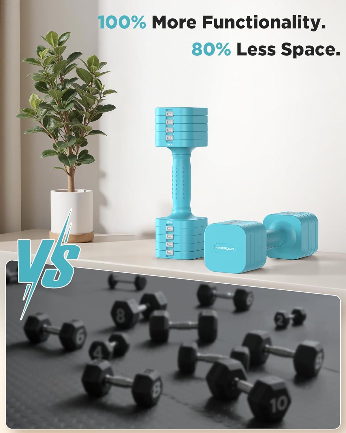 FEIERDUN 5-in-1 Adjustable Dumbbell Set of 2, 12LBS/20LBS Hand Weights for Women, Men, 1s-Adjust Dual-Stable Dumbbell Set for Women Home Gym & Outdoor(C-Mint Blue)