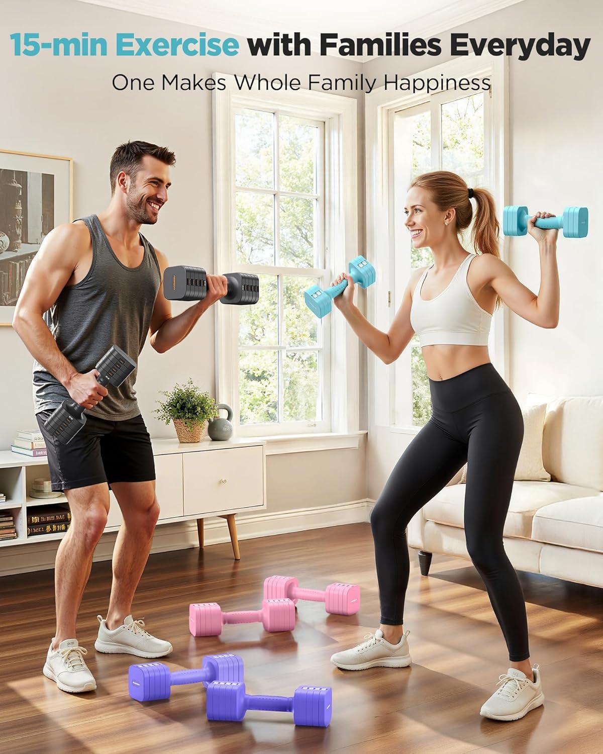 FEIERDUN 5-in-1 Adjustable Dumbbell Set of 2, 12LBS/20LBS Hand Weights for Women, Men, 1s-Adjust Dual-Stable Dumbbell Set for Women Home Gym & Outdoor(C-Mint Blue)