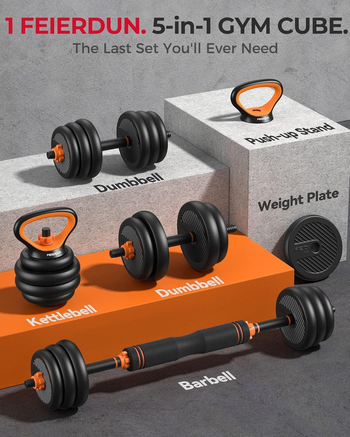 FEIERDUN DS2 Adjustable Dumbbells, 20/30/40/45/70/90lbs Free Weight Set with Connector, 5 in1 Dumbbells Set Used as Barbell, Kettlebells, Push up Stand, Weight Plate, Fitness Exercises for Home Gym Suitable Men/Women(A.20LB(10LB Pair))
