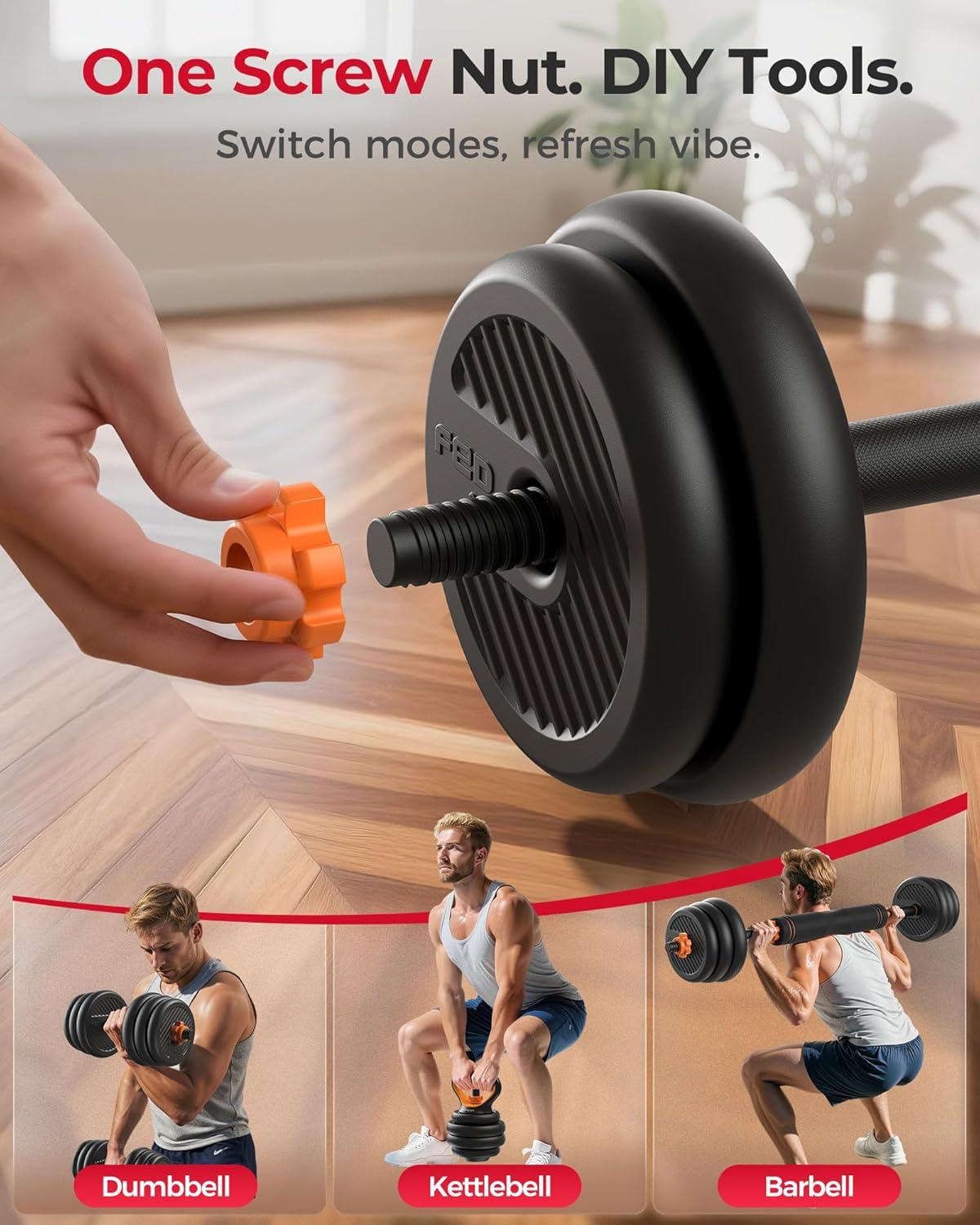 FEIERDUN DS2 Adjustable Dumbbells, 20/30/40/45/70/90lbs Free Weight Set with Connector, 5 in1 Dumbbells Set Used as Barbell, Kettlebells, Push up Stand, Weight Plate, Fitness Exercises for Home Gym Suitable Men/Women(A.20LB(10LB Pair))