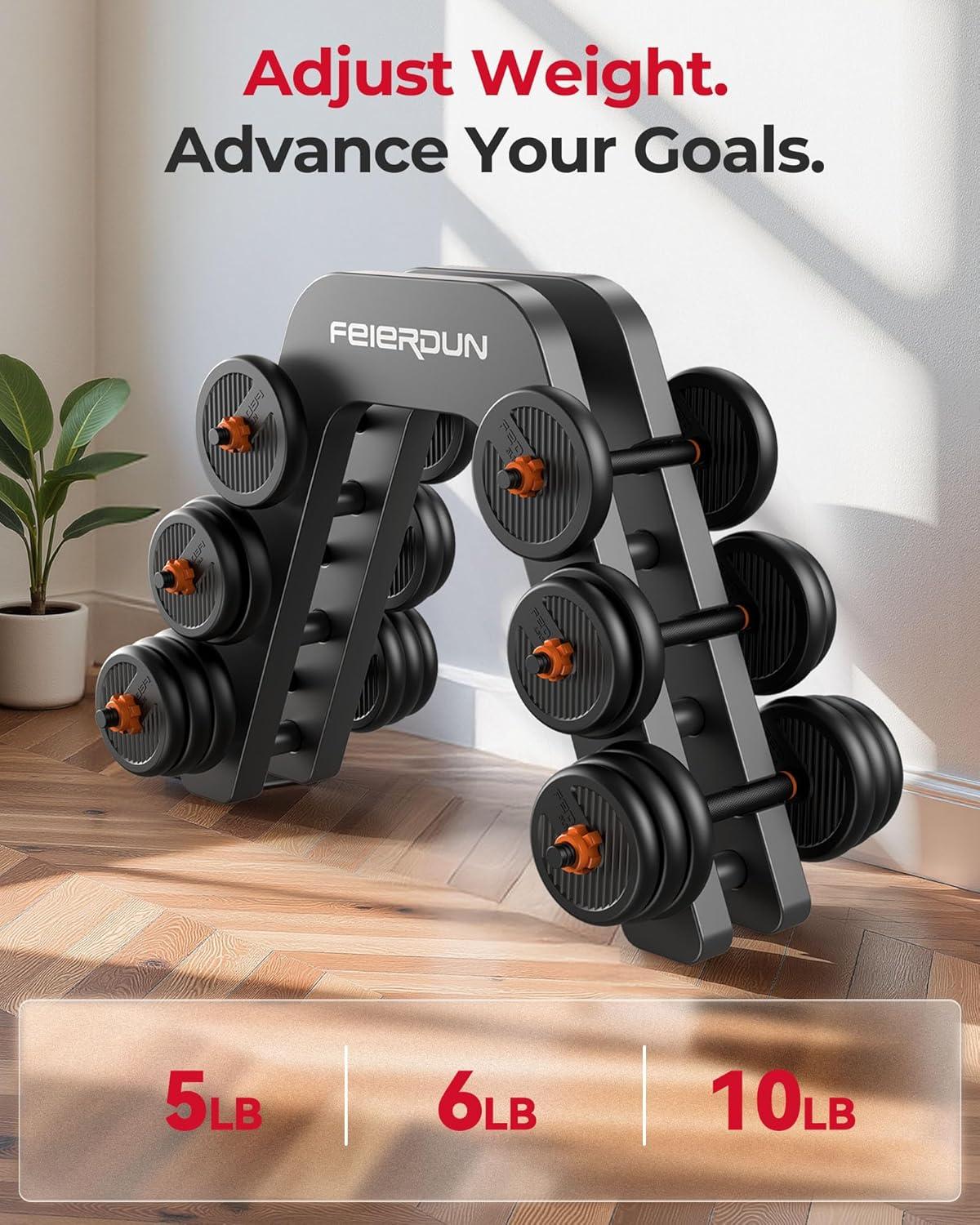 FEIERDUN DS2 Adjustable Dumbbells, 20/30/40/45/70/90lbs Free Weight Set with Connector, 5 in1 Dumbbells Set Used as Barbell, Kettlebells, Push up Stand, Weight Plate, Fitness Exercises for Home Gym Suitable Men/Women(A.20LB(10LB Pair))