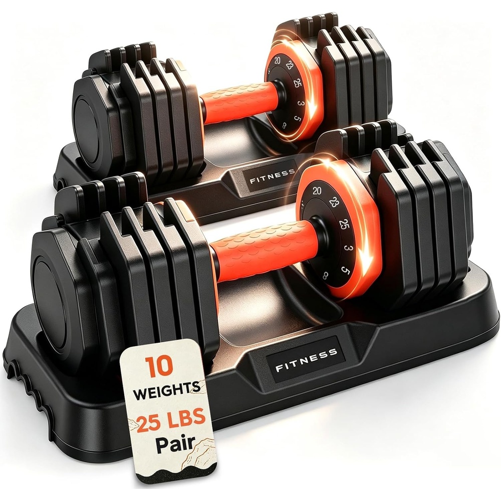 FEIERDUN Adjustable Dumbbell Set, Weight Set for Home Gym, 5/10-in-1 Free Weight Adjustable Dumbbells, Single Hand Twist Adjust with Non-Slip Handles, 90% Space Saving Strength Training for both Men&Women(10 Weight Settings – 25 LB/Pair (50 LB Total))